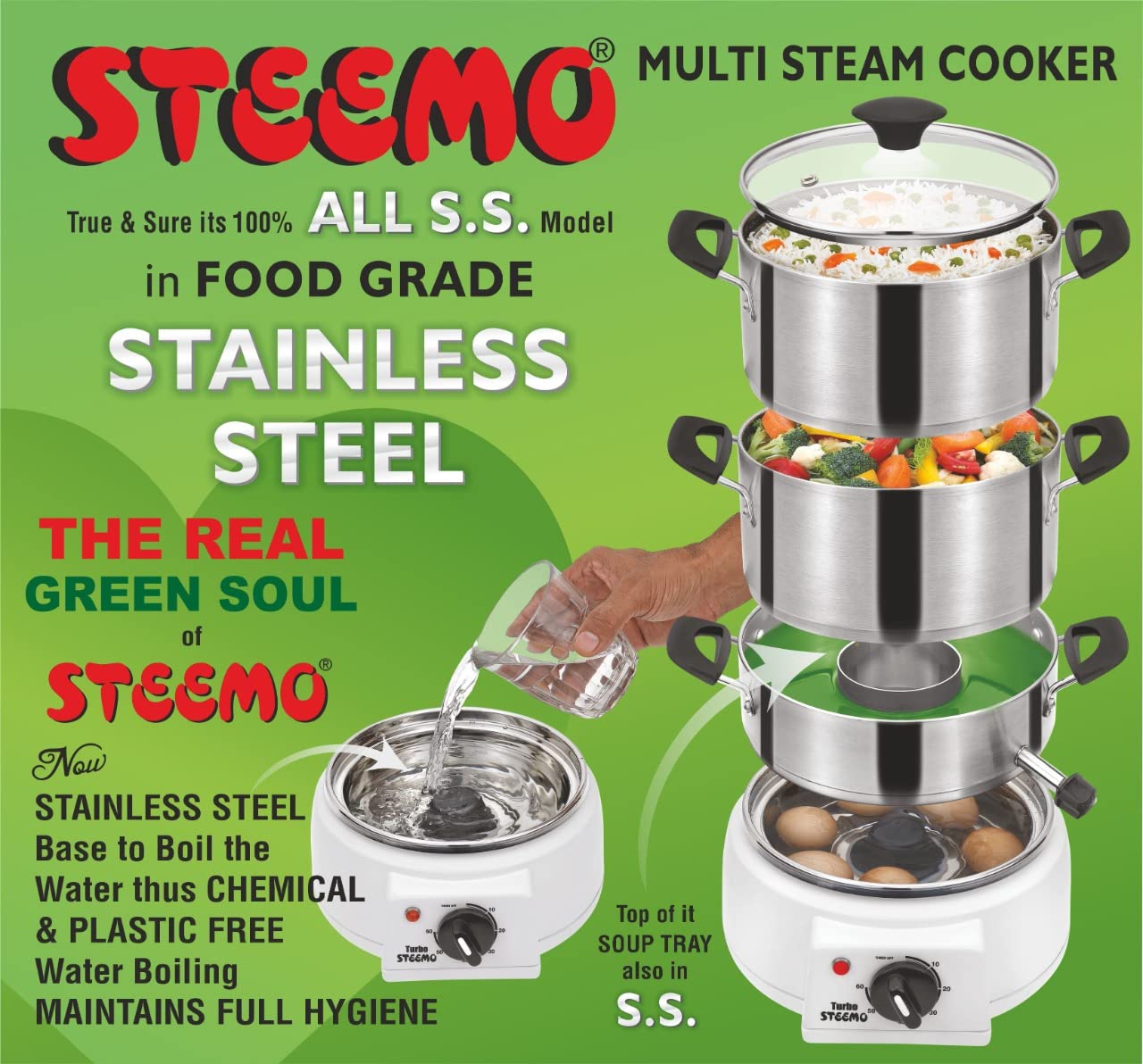 STEEMO 100% Stainless Steel Multi-Layer Electric Steamer - 5L Capacity for Healthy Cooking | Perfect for Vegetables, Dumplings & Seafood | Corded Electric Food Steamer for Home & Restaurant Use