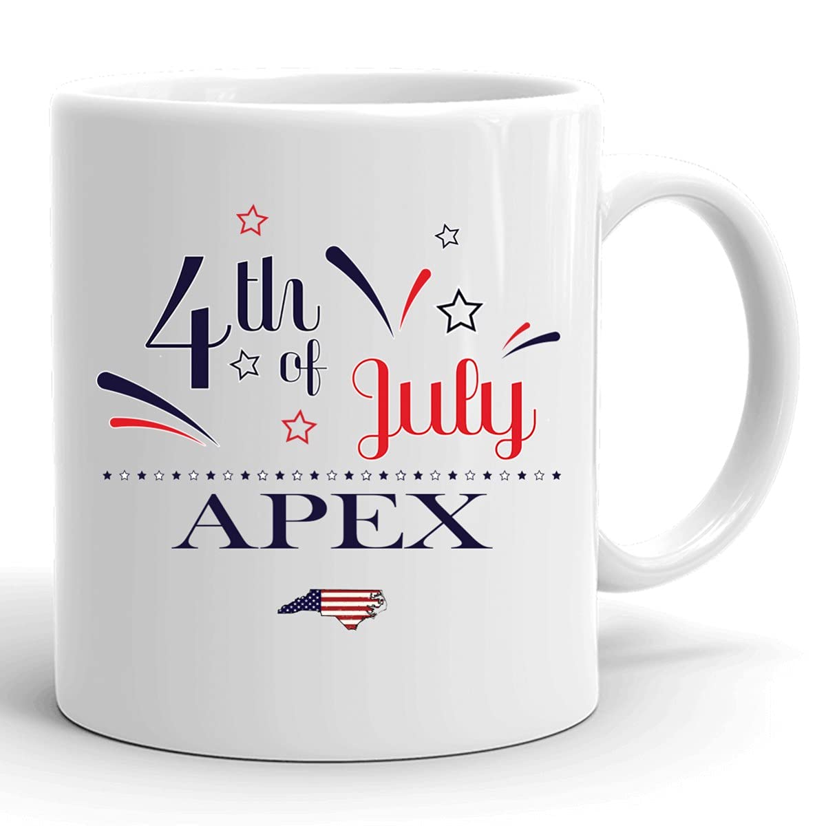 Personalized 11oz White Coffee Mug with USA Flag Design - Custom Happy 4th of July Gift for Independence Day - Perfect for Apex, North Carolina Residents - Great for Home, Office & Holiday Celebrations