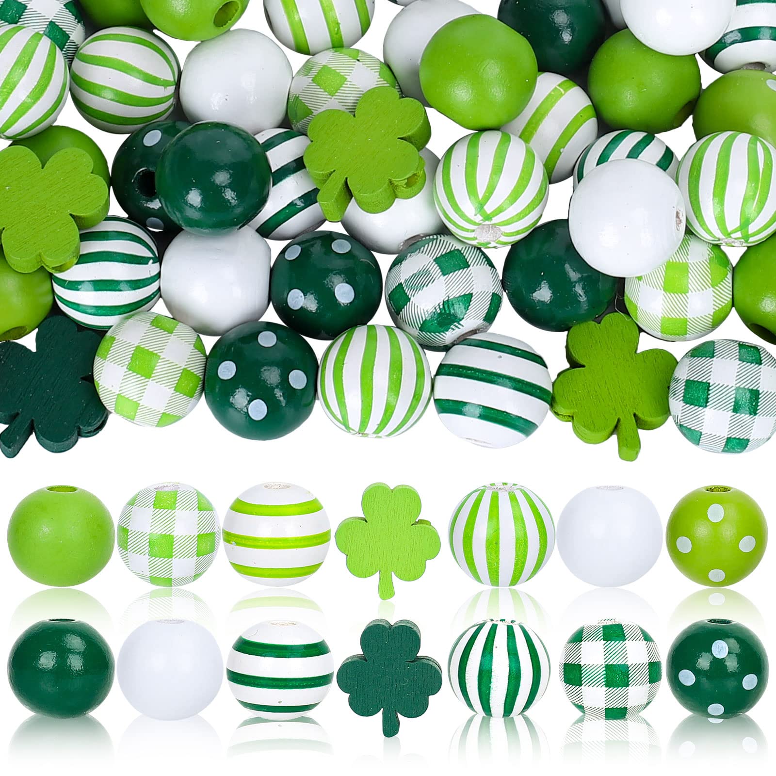 Whaline 220Pcs St. Patrick's Day Wood Beads - Green Shamrock, Round Shape, Plaids & Stripes Prints, Irish Style Assorted Craft Beads with Hemp Rope for DIY Necklace, Bracelet, Keychain & Bead Garland Making Supplies