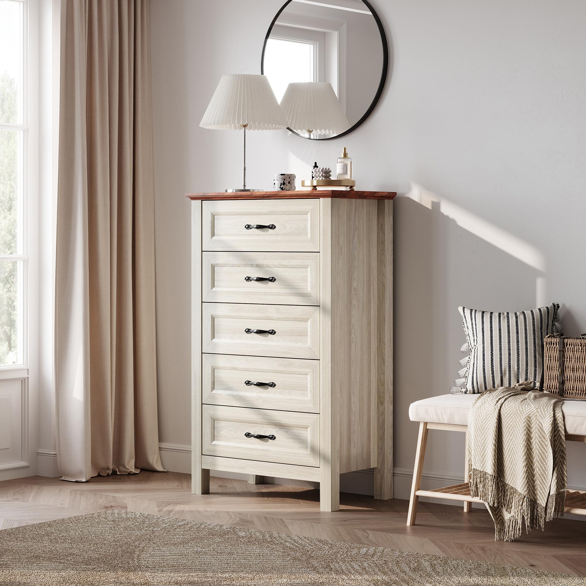 LINSY HOME 5-Drawer Dresser for Bedroom - Solid Wood Chest of Drawers with Farmhouse Style - Tall Storage Organizer for Clothes, Bedding & Accessories - Perfect for Bedroom, Closet, Living Room & Hallway Organization