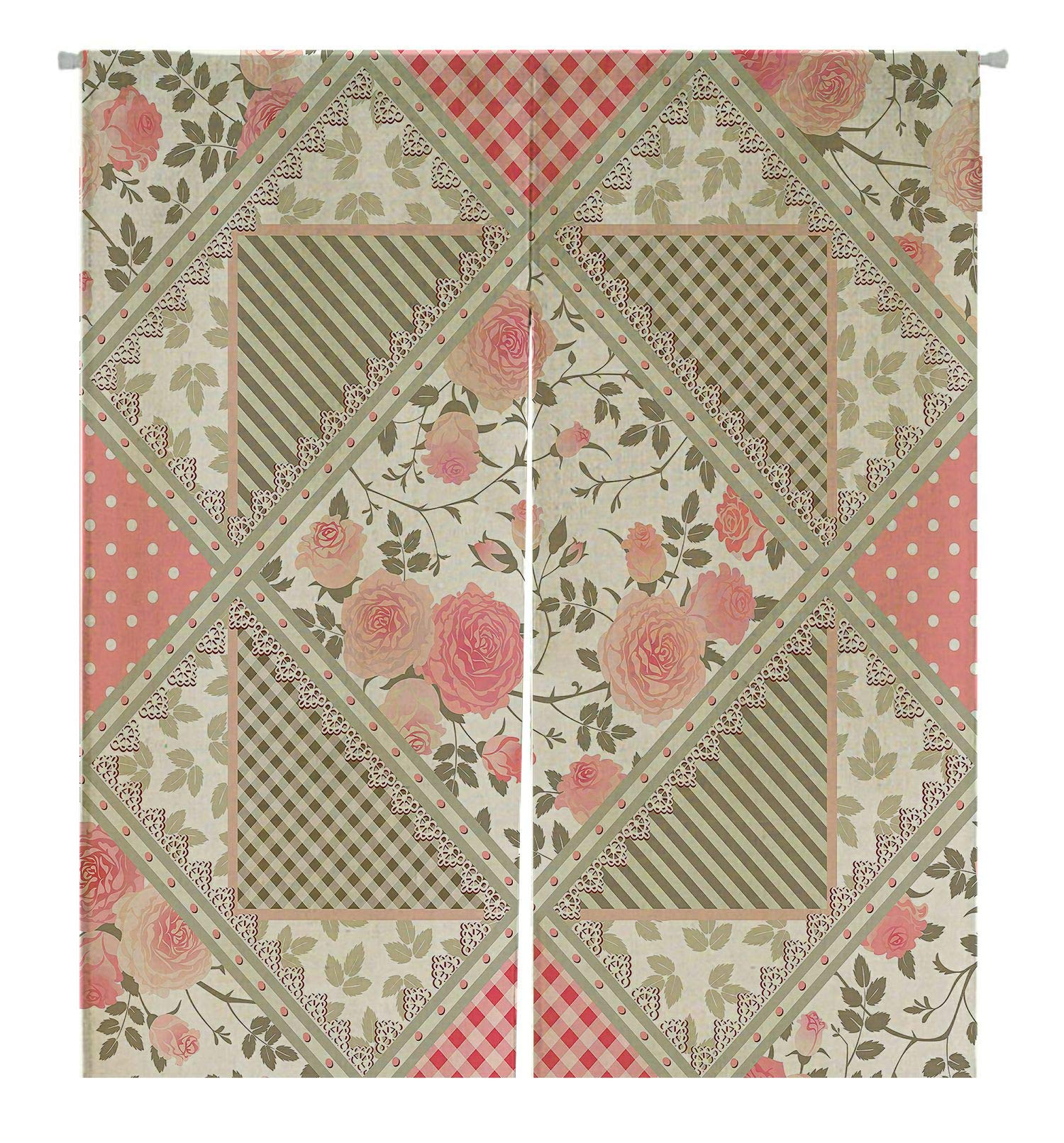 ABPHQTO Japanese Noren Curtain - Floral Checkered Roses Leaves Lace Design for Doorway & Window (85x150cm) | Cotton Linen Blend | Perfect for Home Decor, Room Dividers & Asian-Inspired Interiors