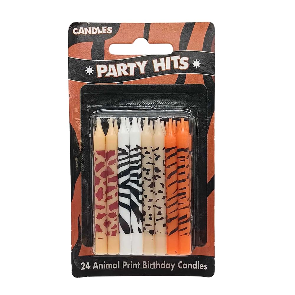 24-Pack Safari Wild Animal Print Birthday Cake Candles & 4 Cupcake Toppers - Jungle Theme Party Decorations for Kids Birthday, Baby Shower, and Zoo-Themed Celebrations