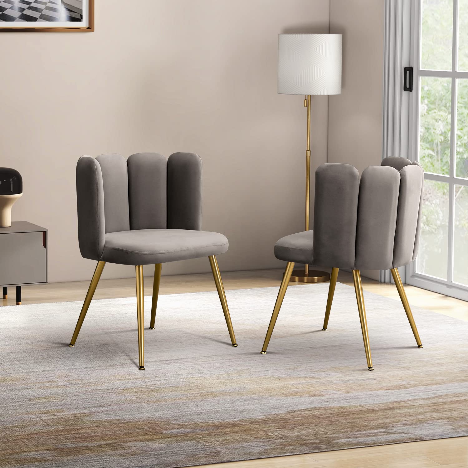 HULALA HOME Velvet Accent Chairs Set of 2 - Modern Upholstered Vanity Chair with Shell Back & Gold Metal Legs for Makeup Room, Living Room, Dining Room - Soft Grey Velvet Lounge Chairs for Bedroom, Office, Dressing Area