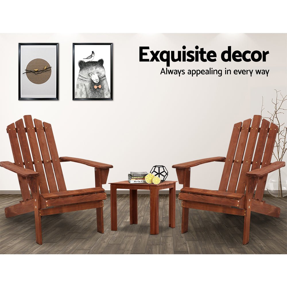 3-Piece Adirondack Outdoor Table and Chairs Set - Solid Wood Patio Furniture, Brown - Perfect for Beach, Garden, Deck, and Backyard Relaxation