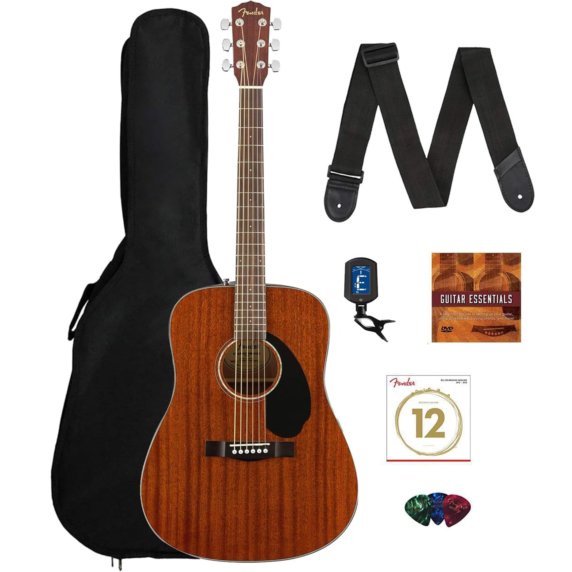 Fender CD-60S All Mahogany Solid Top Dreadnought Acoustic Guitar Bundle with Gig Bag, Tuner, Strap, Strings, Picks & Instructional DVD - Perfect for Beginners, Campfire Jams, Live Performances & Home Practice