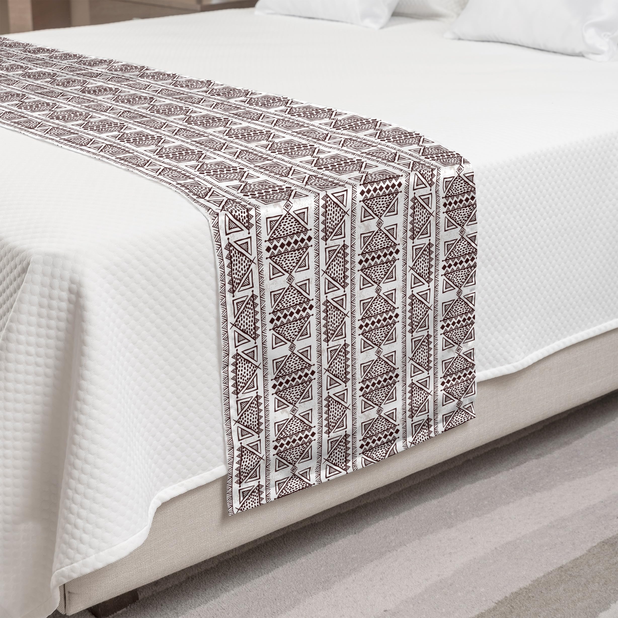 Ambesonne Ethnic Bed Runner - Hand-Drawn Vintage Oriental Motifs in Rustic Brown & White | Decorative Bed Scarf for Hotels, Homes & Guest Rooms | Perfect for Boho, Farmhouse & Eclectic Bedroom Decor