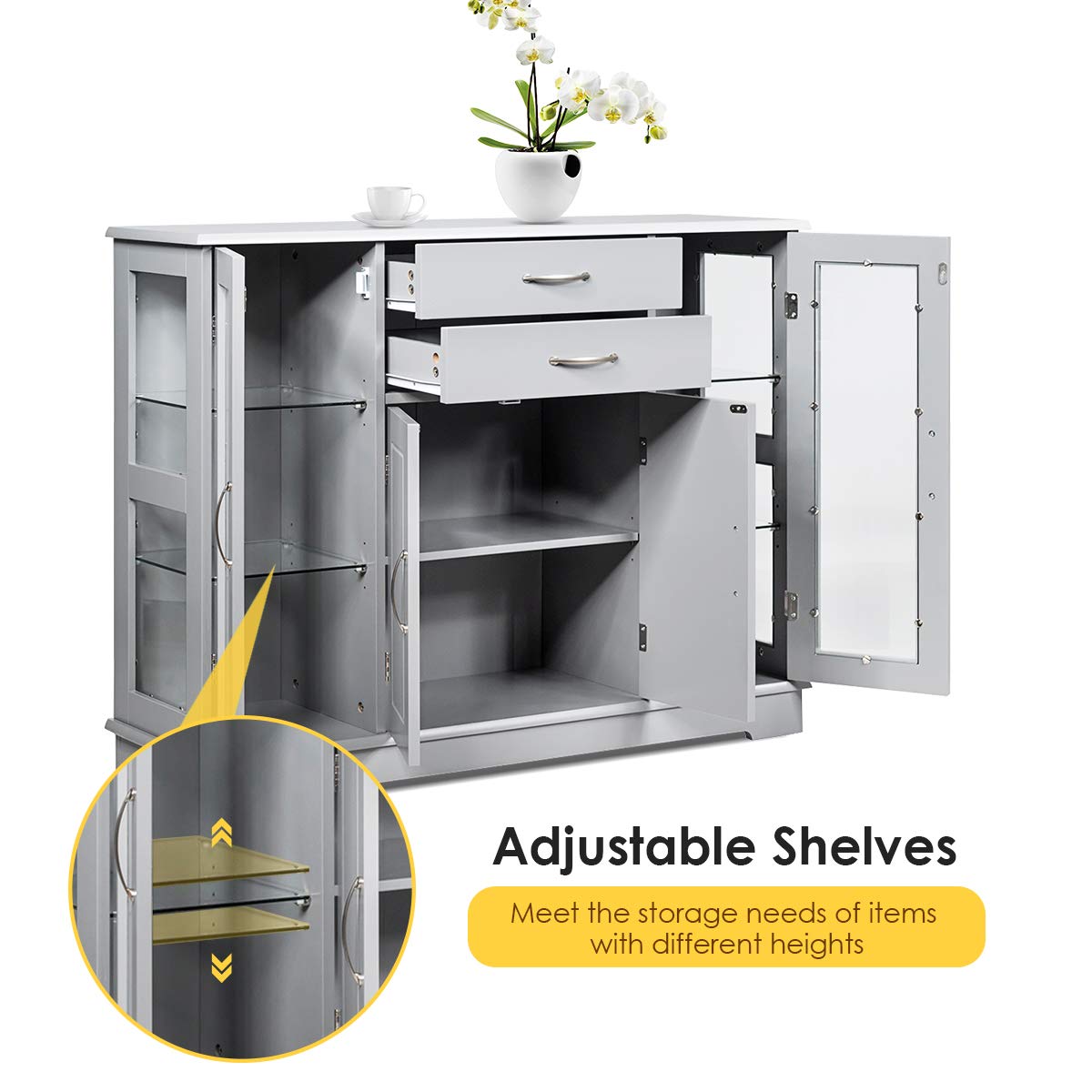 Giantex Gray Sideboard Buffet Server with 2 Drawers & 3 Cabinets - Kitchen Storage Cabinet with Glass Doors for Dining Room Furniture, Cupboard Console Table - Perfect for Entertaining, Holiday Serving & Home Organization