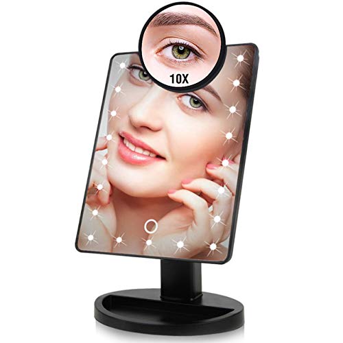 22 LED Lighted Touch Screen 10X Magnifying Makeup Mirror with Adjustable Brightness & USB Power - Perfect for Vanity, Bathroom, Dressing Table & Travel (Black)