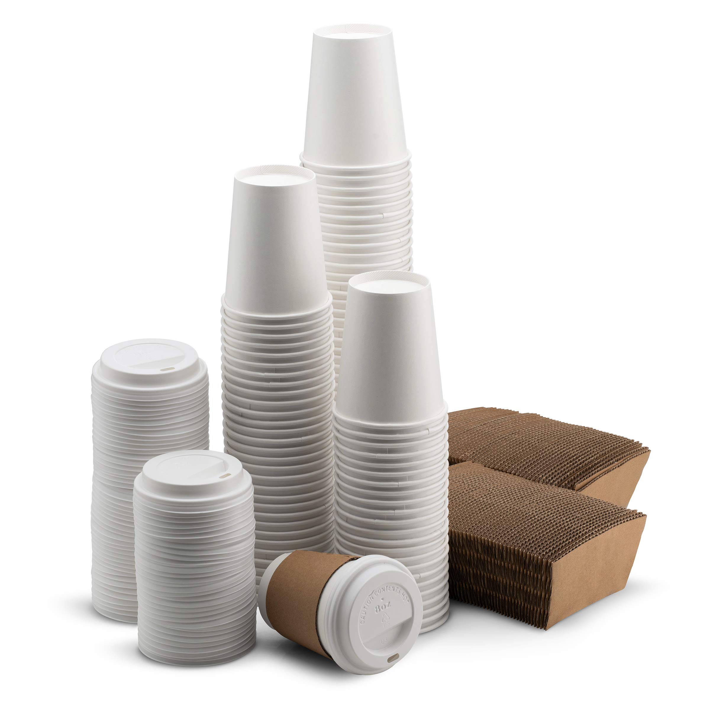 NYHI 200 Pack 8 oz White Disposable Coffee Cups with Lids & Sleeves - Hot/Cold Beverage Drinking Cups for Coffee, Tea, Juice, Espresso - Perfect for Office Water Coolers, Parties, Cafes, and Takeout
