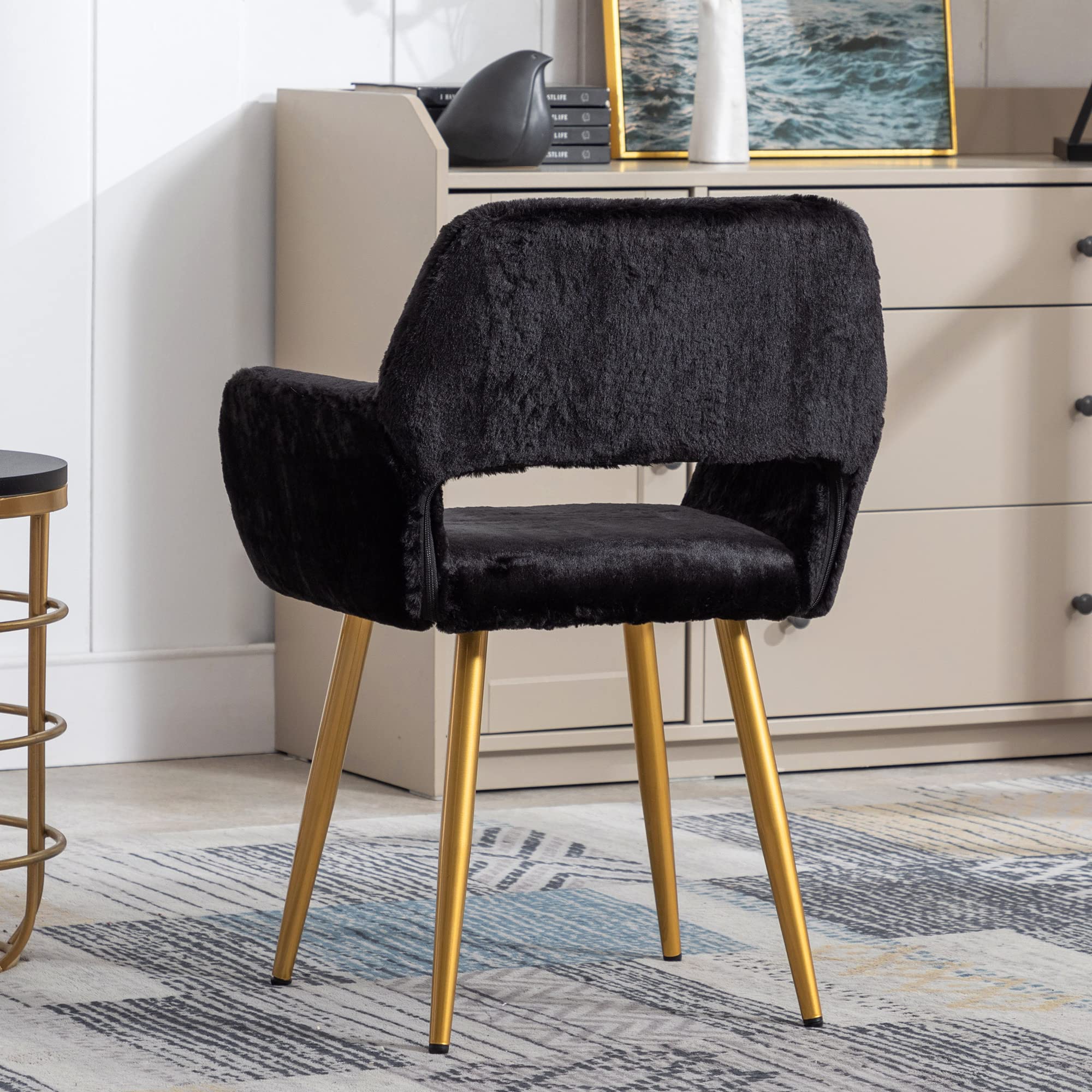 KCC Furry Desk Chair - Mid-Century Modern Faux Fur Accent Chair for Teen Girls & Women, Comfortable Armchair with Wood-Look Metal Legs for Living Room, Dining Room, Home Office, Vanity Makeup Desk - No Wheels, Black - Perfect for Cozy Reading Nooks & Stylish Workspaces