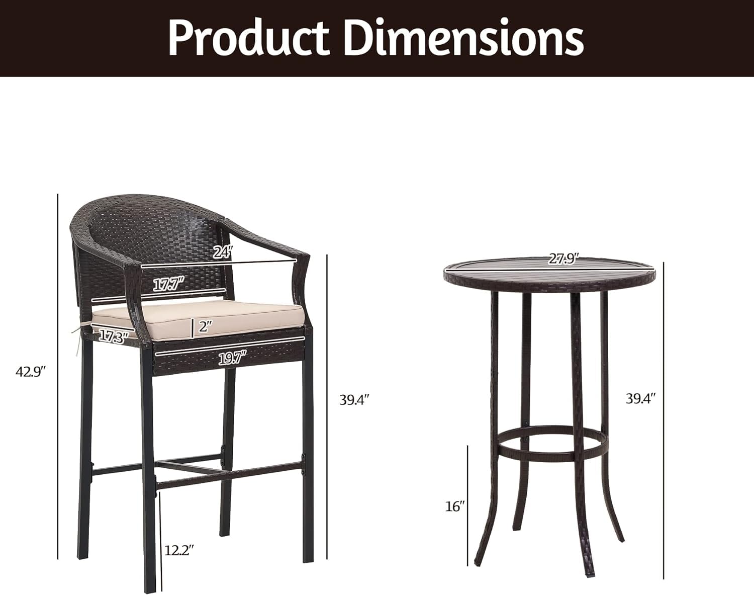3-Piece Patio Bar Set - Rattan Bar Height Table & Chairs with Cushions, Wicker Outdoor Furniture for Backyard, Poolside, Balcony - Perfect for Entertaining, Relaxing & Outdoor Dining - Beige Cushion Included