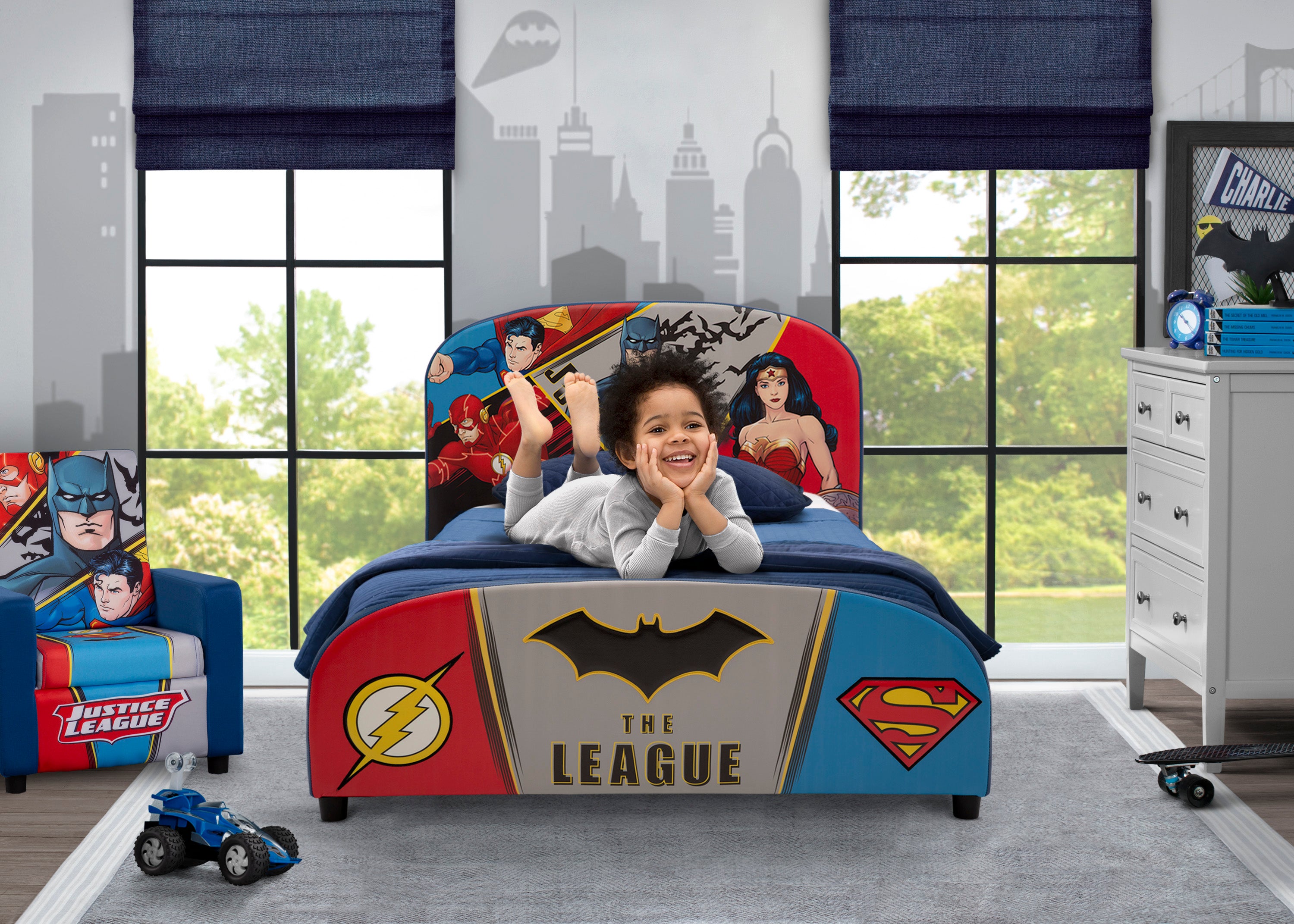DC Comics Justice League Superheroes Twin Bed with Upholstered Headboard - Perfect for Kids' Bedroom & Superhero Themed Decor