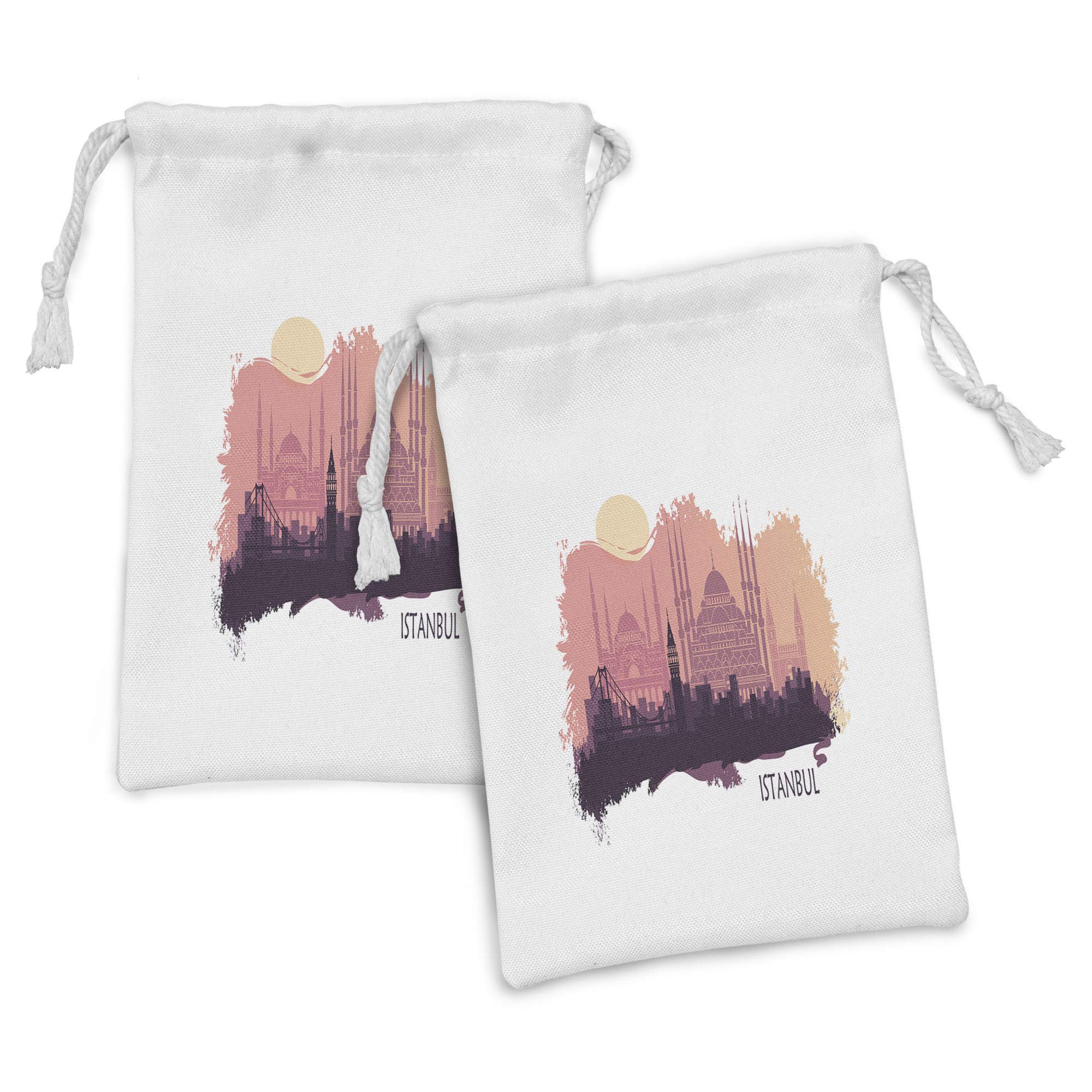 Ambesonne 2-Pack Travel Fabric Pouch Set - Turkish City Landscape with Famous Buildings, Small Drawstring Bags for Toiletries, Masks & Gifts (9