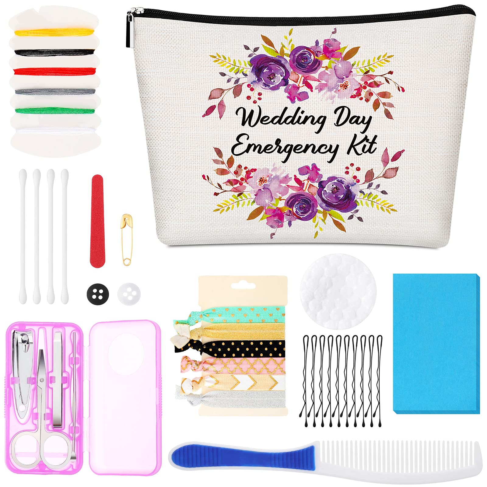 Elegant Floral Wedding Survival Kit - Essential Bride Emergency Supplies with Makeup Bag | Perfect Bridal Shower Gift, Engagement Present & Wedding Day Must-Have for Brides (Great for Outdoor Weddings, Destination Weddings & Last-Minute Emergencies)