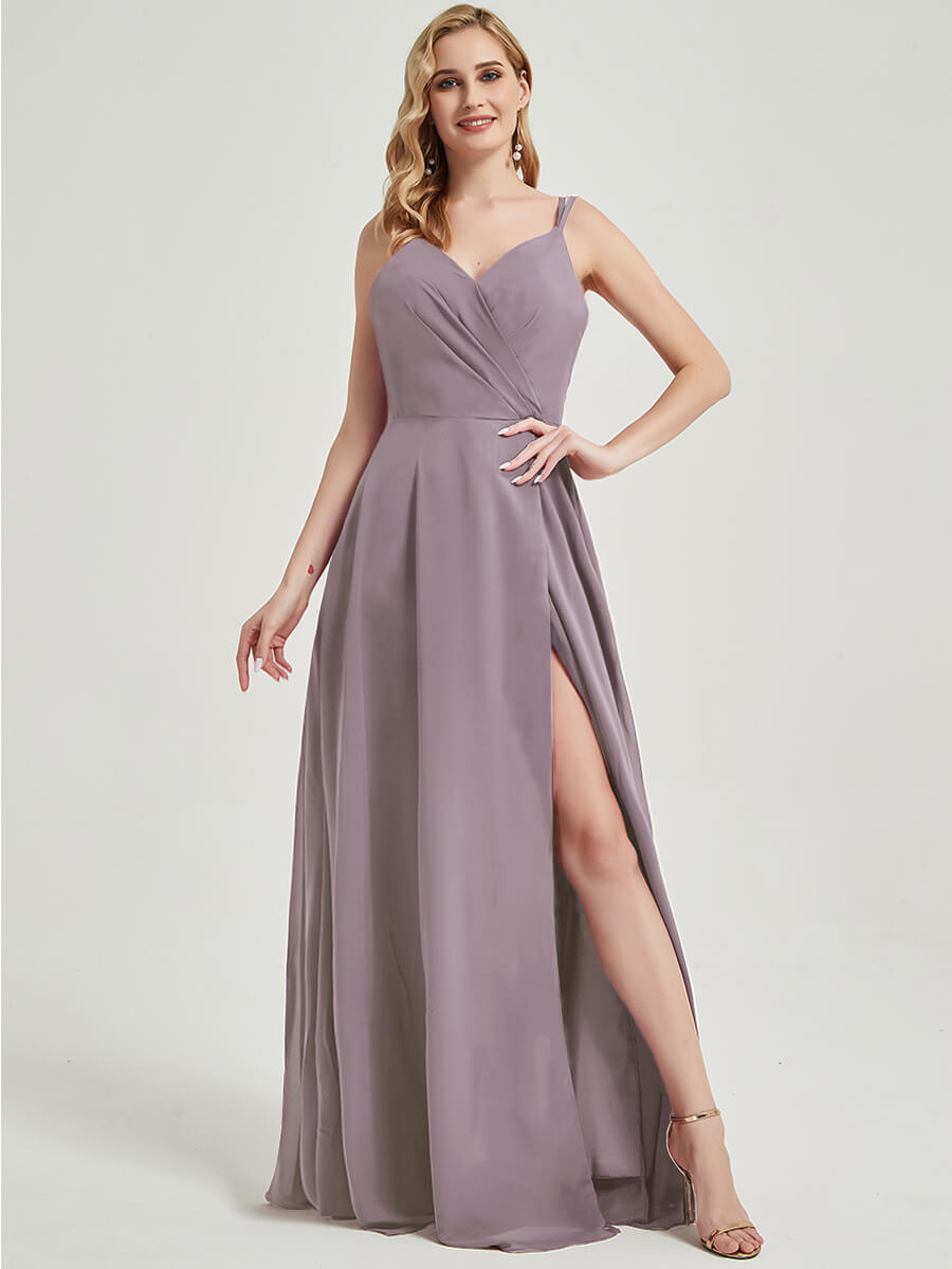 Elegant Dusk Blue Spaghetti Strap V-Neck Slit Maxi Bridesmaid Dress - Flowy Chiffon & Lace Formal Gown for Weddings, Prom, Evening Parties