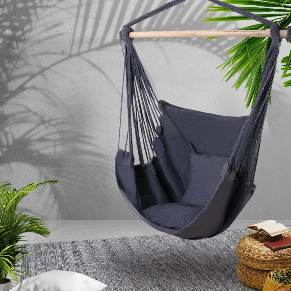 Outdoor Hammock Chair with Cushion - Grey Hanging Hammock for Camping, Backyard & Relaxation - Perfect for Patio, Garden & Indoor Use