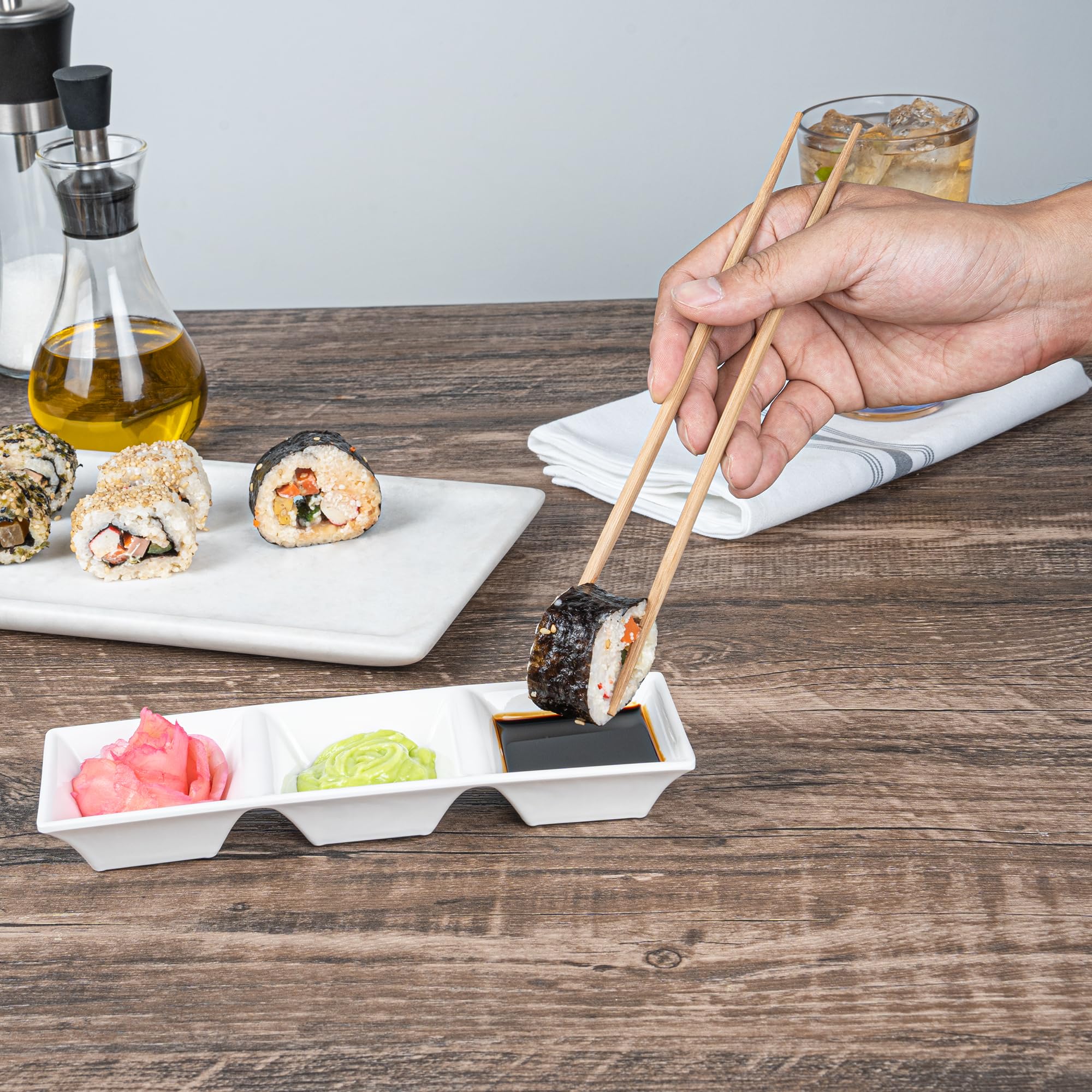 Voga 5 oz Square Melamine Serving Dishes - 3-Compartment Appetizer Plates for Dips, Snacks & Condiments | Party & Event Tableware | Durable White Restaurantware (Set of 10)