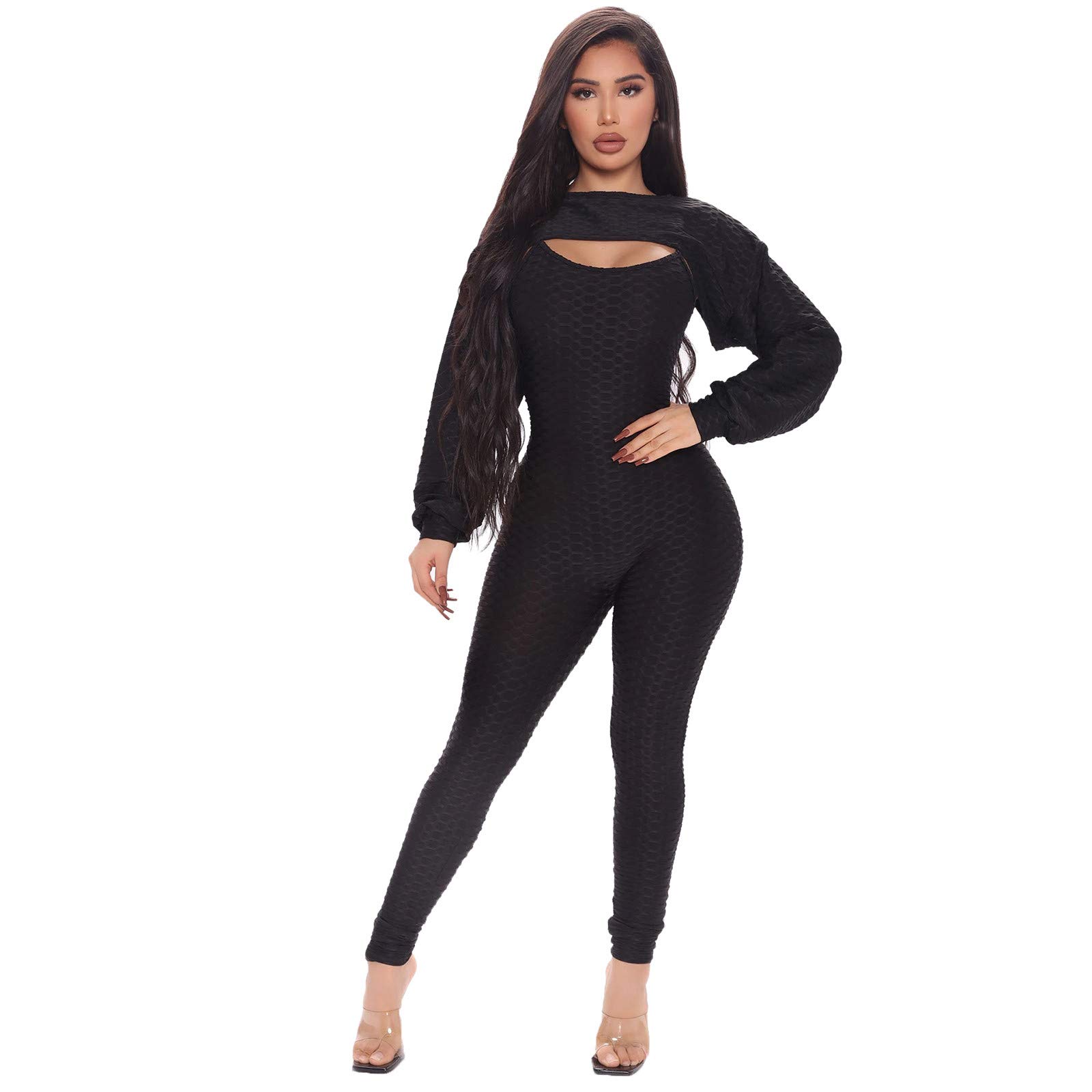 Plus Size Workout Outfits for Women - Bodycon Jumpsuits & Rompers with Crewneck & Lantern Sleeves | Yoga Suits for Gym, Running & Home Fitness
