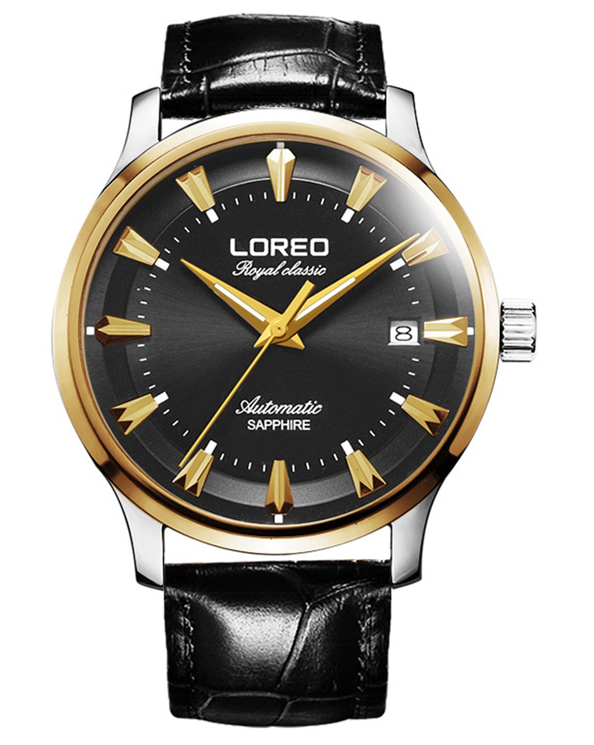 LOREO Men's Automatic Watch with Sapphire Glass, Gold Stainless Steel Case & Genuine Leather Strap - Black Dial, Date Display, Waterproof - Perfect for Business, Formal Events & Daily Wear