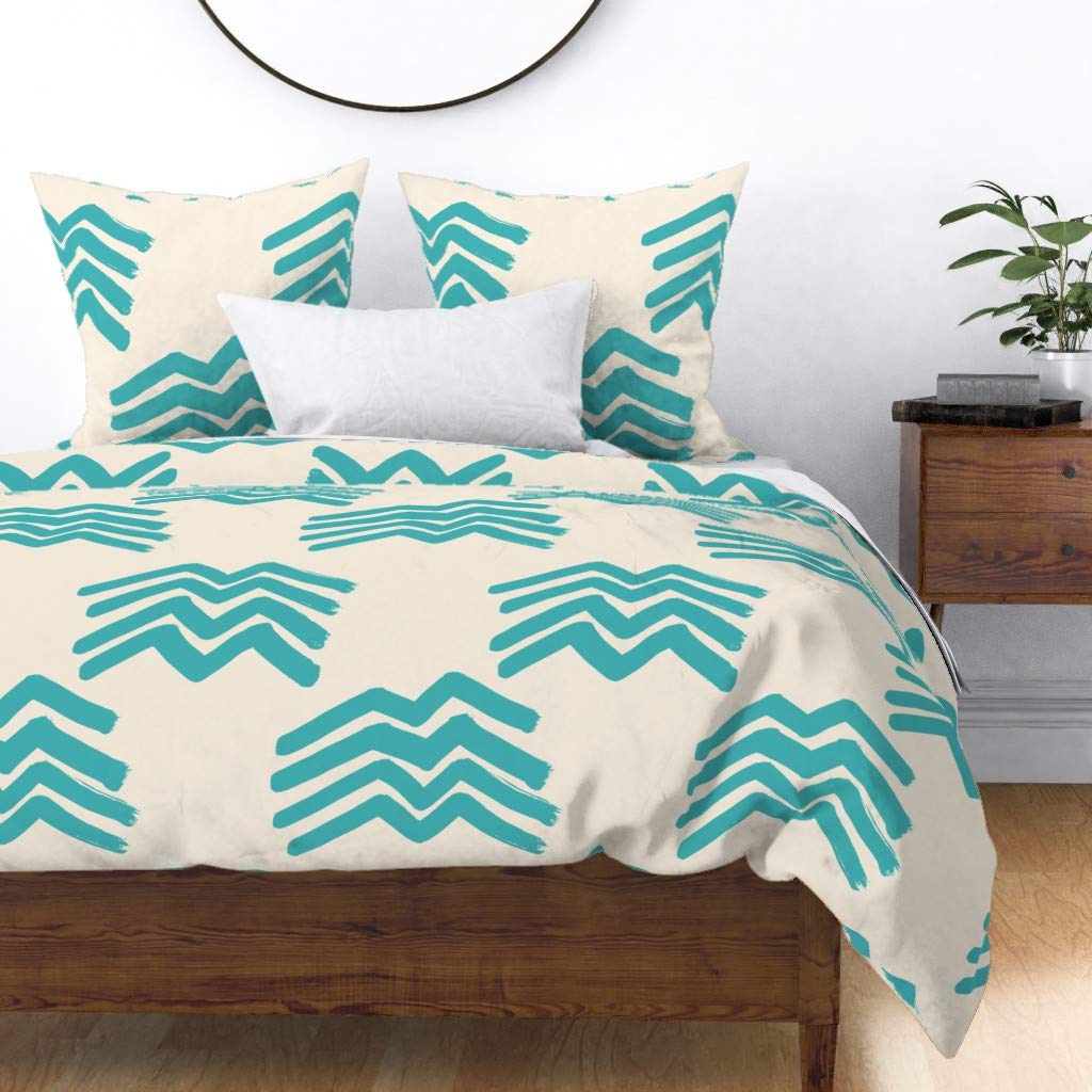 Boho Mountains Turquoise Cream Chevron Cotton Sateen Duvet Cover - King/California King Size | Modern Minimalist Print Custom Bedding | Perfect for Bohemian, Coastal & Contemporary Bedrooms