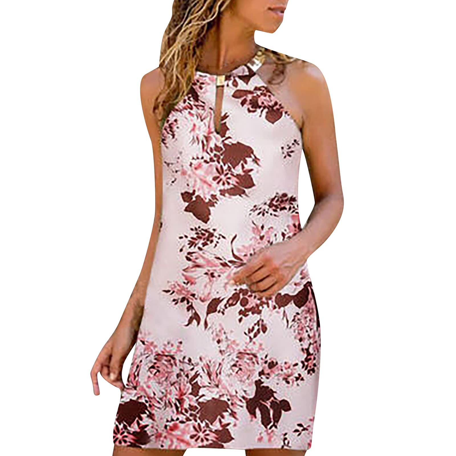 Women's Vintage Leopard & Floral Print Sleeveless Tank Mini Dress - Summer Fashion Metal Hanging Neck Dress for Beach, Party & Casual Wear