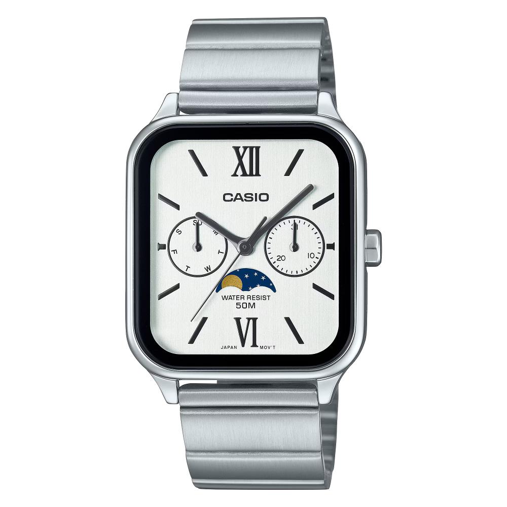 Casio Men's Analog Stainless Steel Watch with White Dial & Moon Phase - MTP M305D 7A2VDF - Perfect for Business, Formal Events & Everyday Wear