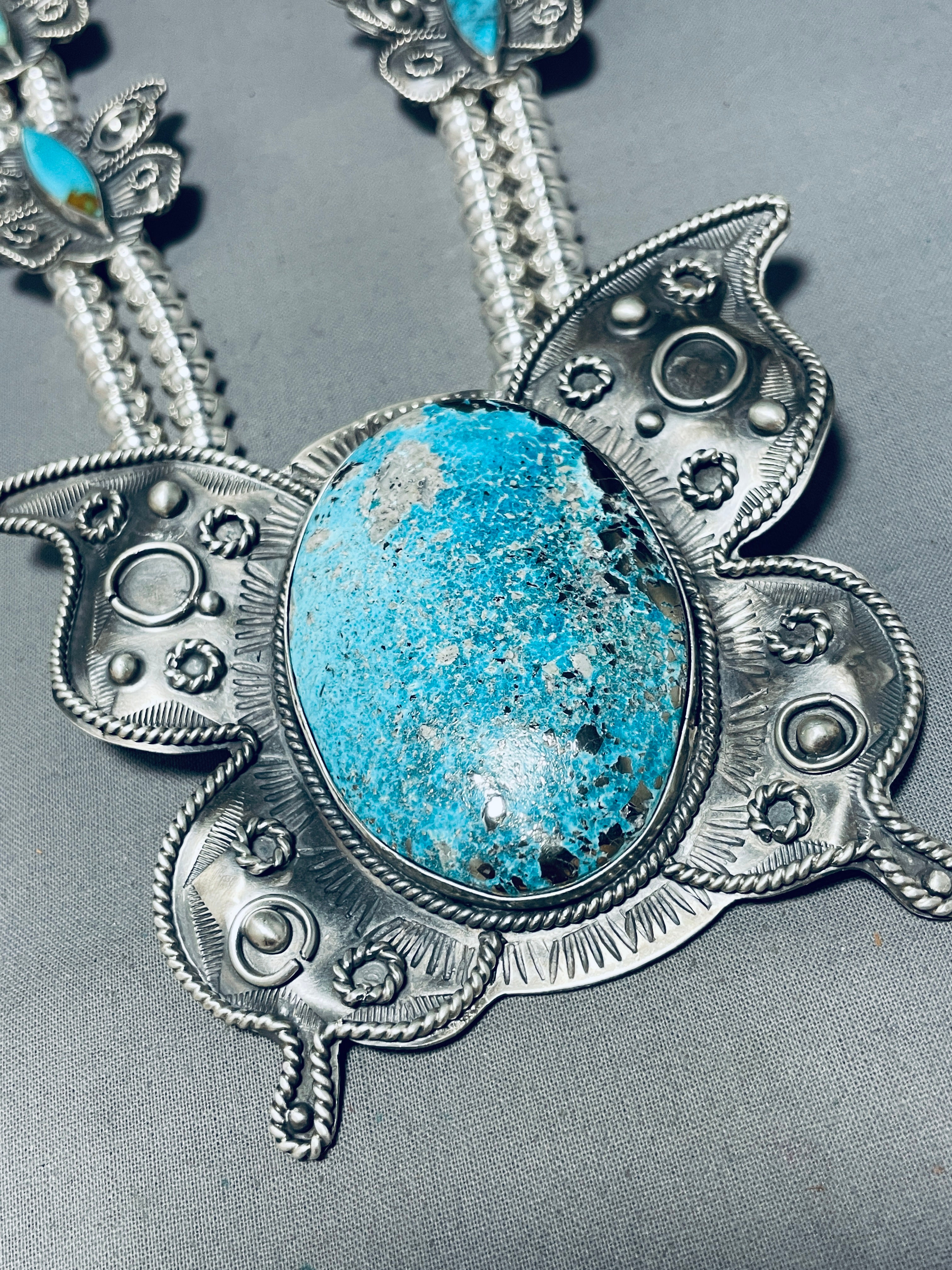 203 Grams Authentic Navajo Sterling Silver Squash Blossom Necklace with Natural Turquoise - Handmade Native American Jewelry for Women, Perfect for Weddings, Ceremonies and Boho Fashion