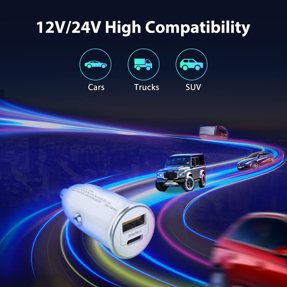 30W USB C Car Charger Fast Charging - PD & QC3.0 Compatible with iPhone, iPad, Samsung, Android & Laptops - Transparent Cigarette Lighter USB Adapter for Road Trips & Daily Commute