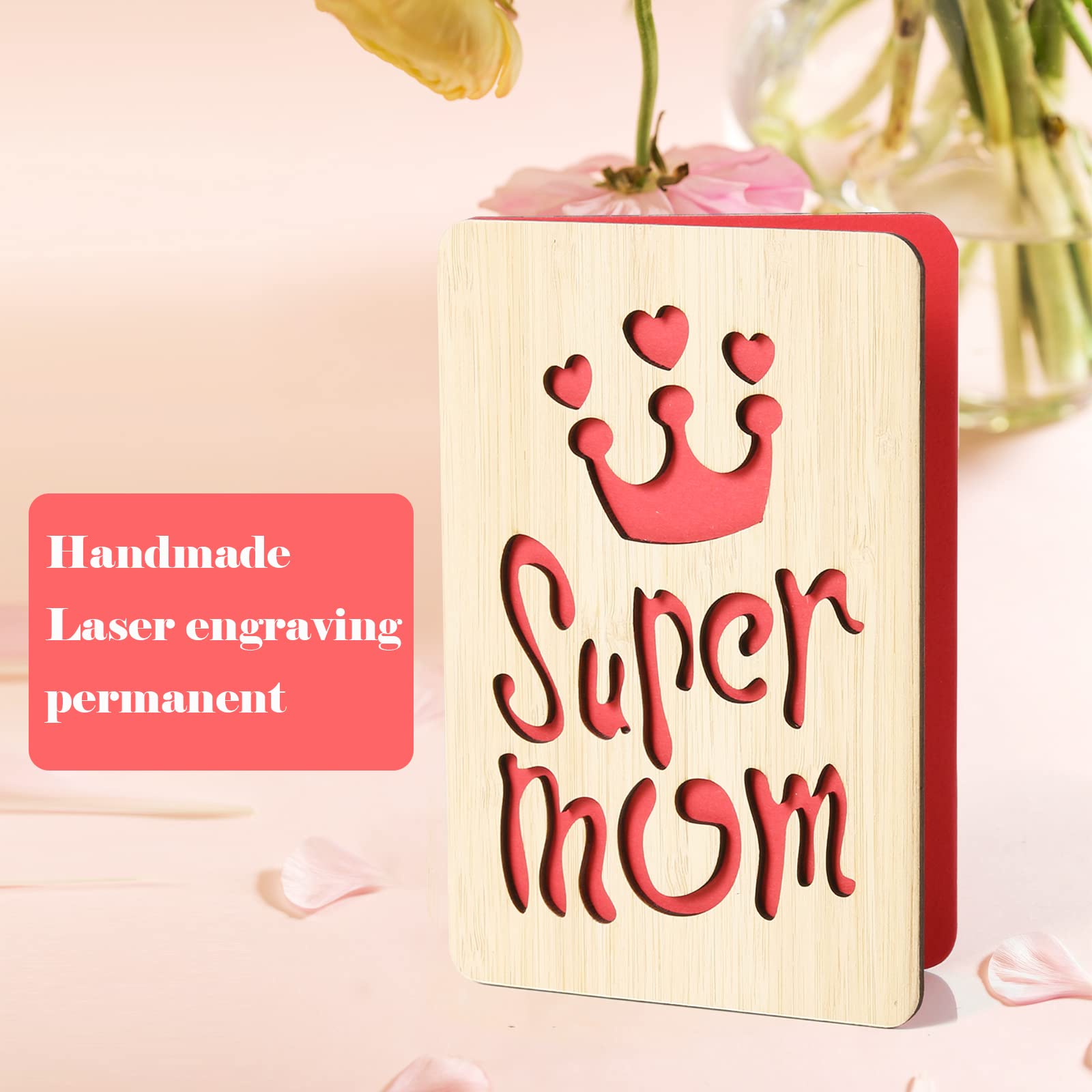 Handmade Real Bamboo Wooden Greeting Card for Mom - Unique Mother's Birthday & Wedding Anniversary Gift - Perfect for Special Occasions & Heartfelt Messages