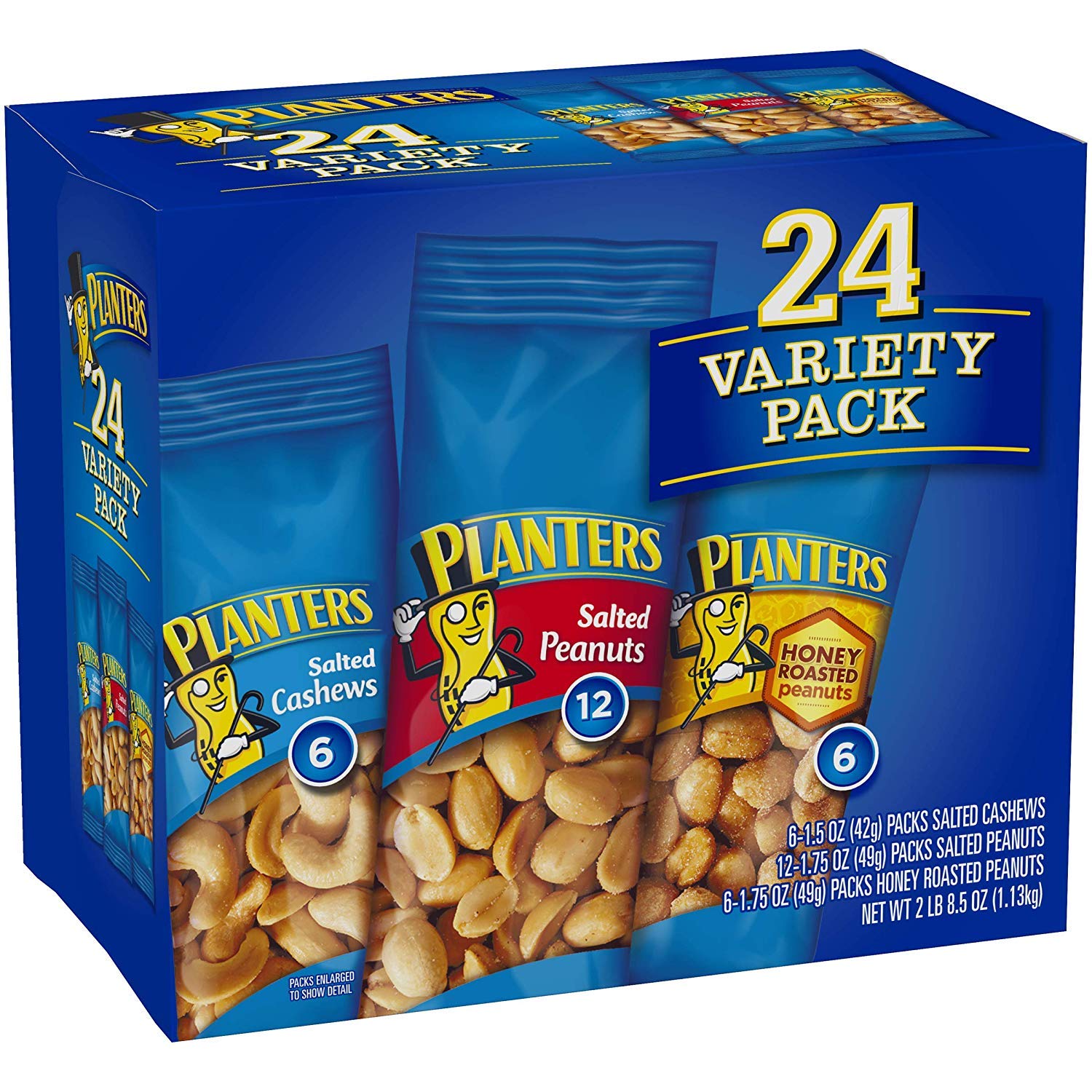 PLANTERS Variety Packs (Salted Cashews, Salted Peanuts & Honey Roasted Peanuts) - 24 Individual Snack Packs | Perfect for Office, Travel & On-the-Go Healthy Snacking | Bulk Mixed Nuts for Work, School & Outdoor Activities