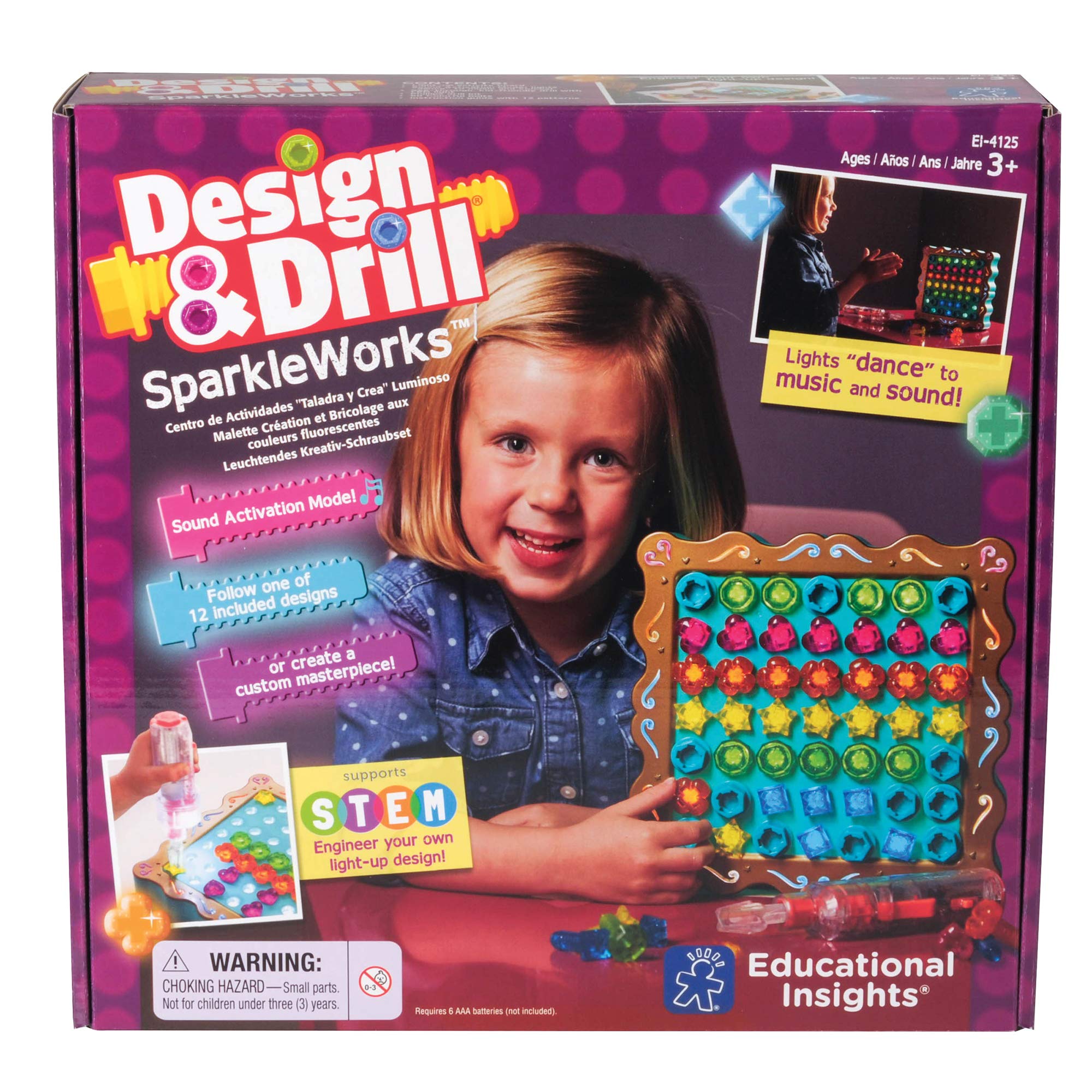 Educational Insights Design & Drill SparkleWorks - STEM Learning Light-Up Toy Drill Kit for Kids Ages 3+, Creative Construction Play with Colorful Bolts & Flashing Lights | Perfect for Preschool Classroom, Birthday Gifts & Early Engineering Skills Development
