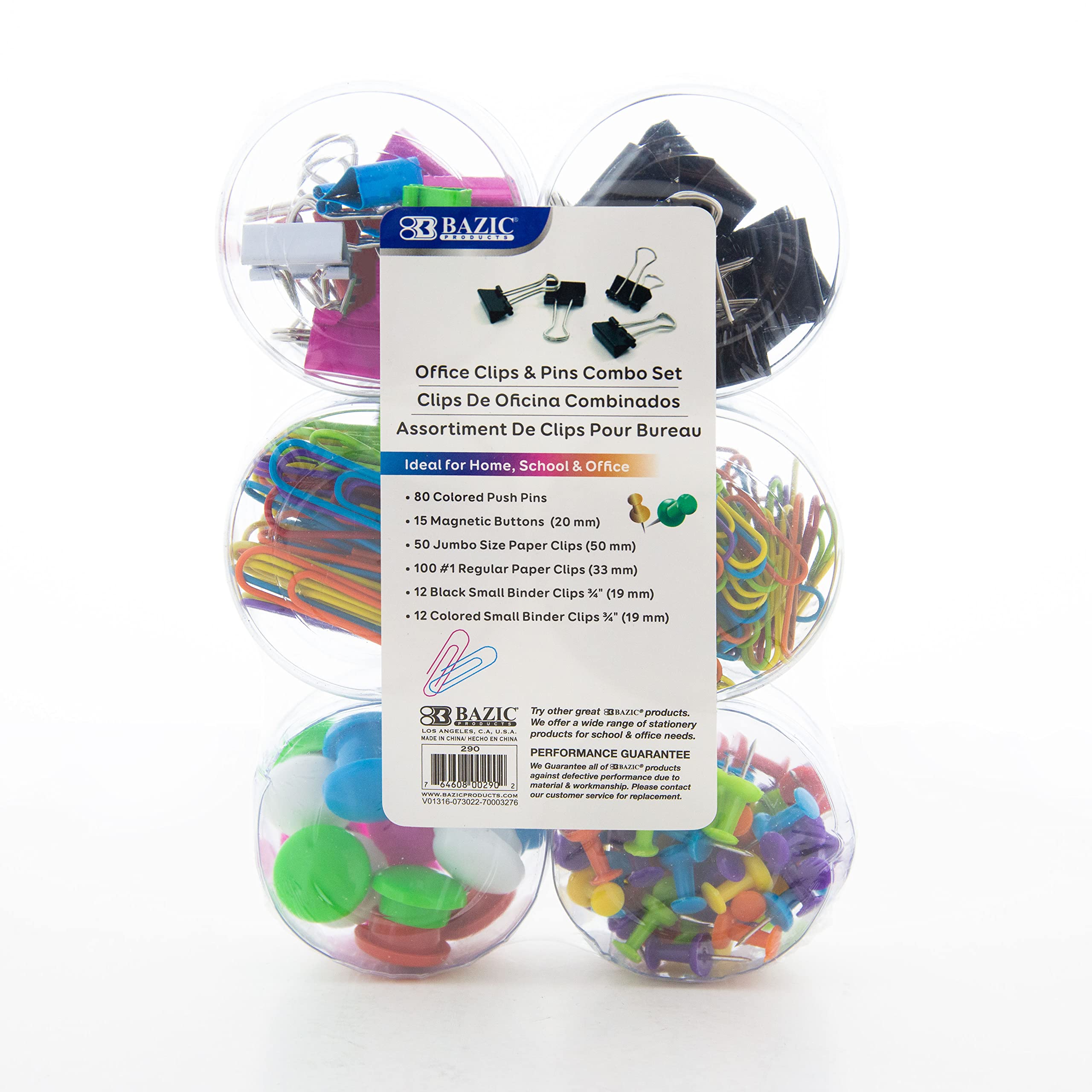 BAZIC 269-Piece Office & School Supplies Set - Push Pins, Binder Clips, Magnetic Buttons, Large & Small Paper Clips (6 Styles, 12-Pack) - Perfect for Classroom, Home Office & Organization