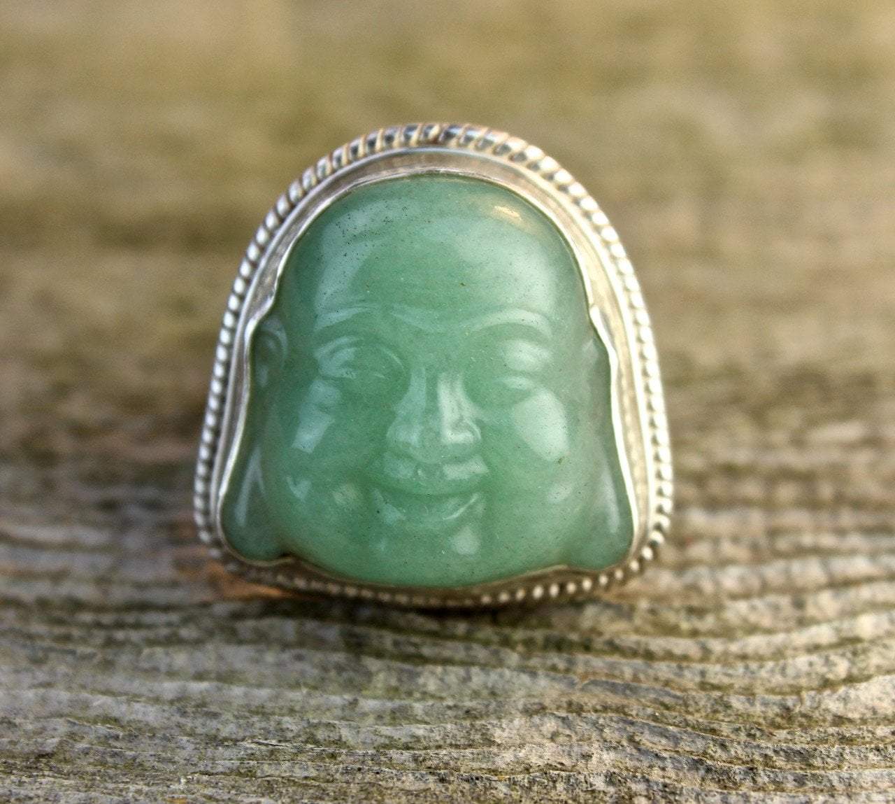 Hand Carved Genuine Jade Happy Buddha Ring - Size 8 - Adjustable Spiritual Jewelry for Meditation, Yoga & Good Luck Charm