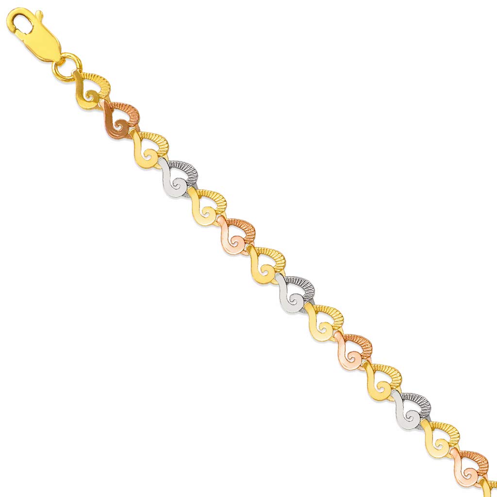 14K Tricolor Gold Heart Bracelet with Diamond Cut - Elegant Women's Fashion Jewelry Gift - 7 Inches - Perfect for Valentine's Day, Anniversary & Special Occasions