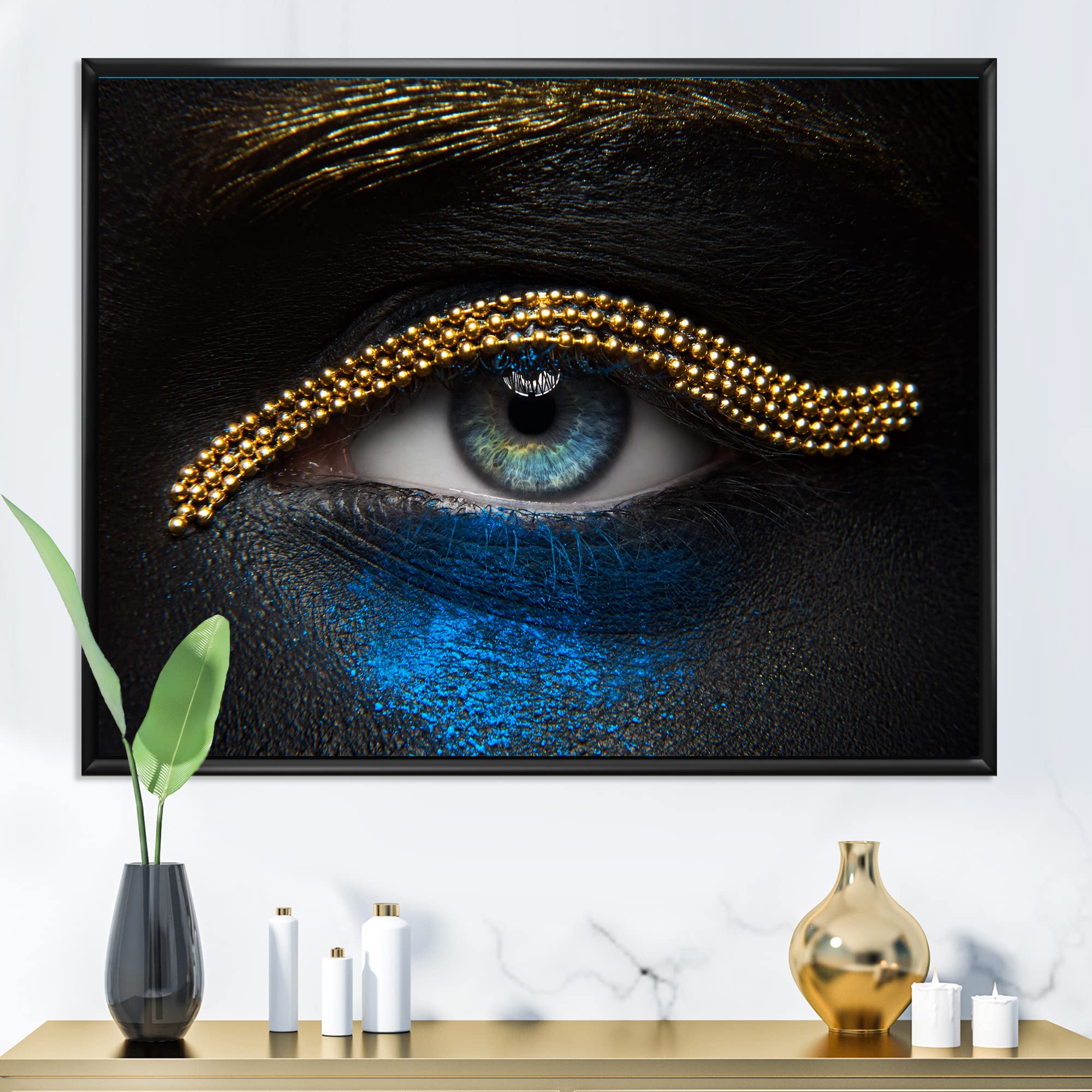 Gold Chain & Blue Pigment Modern Framed Canvas Wall Art Print - Elegant Woman Eyes Painting for Living Room, Bedroom & Office Decor