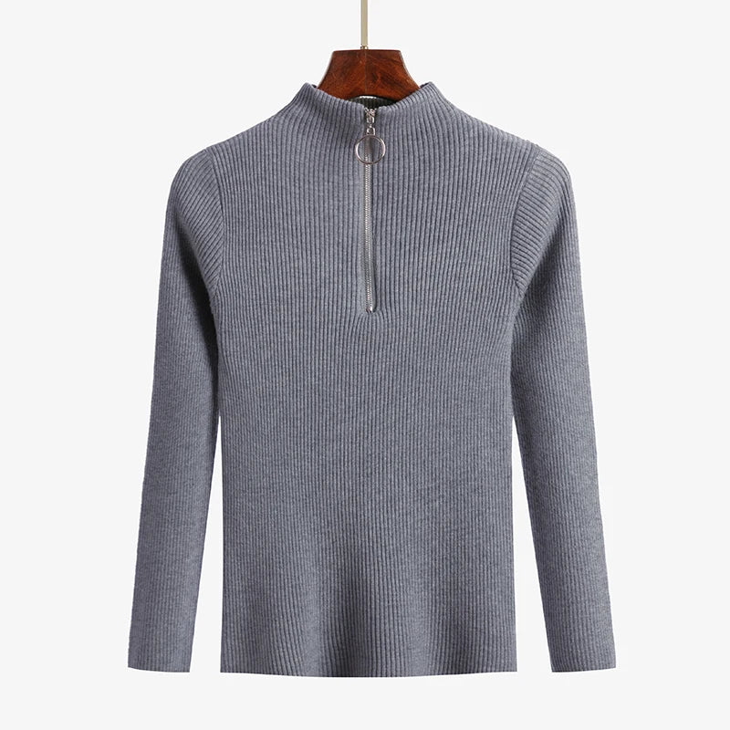 Vintage Solid Knitted Long Sleeve Zip-Up Half Turtleneck Sweater for Women - Cozy Winter Pullover for Casual Outfits & Office Wear