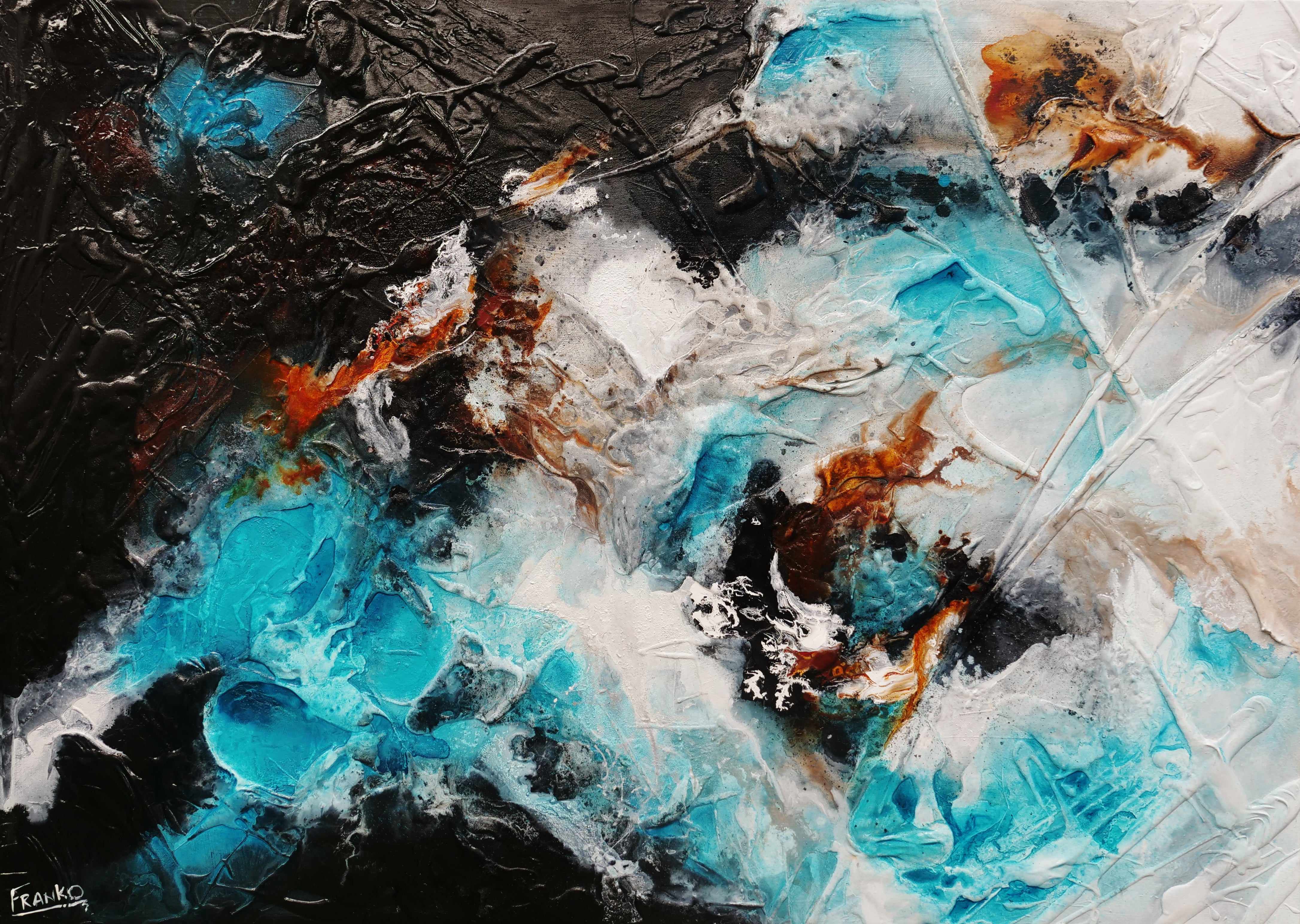 140cm x 100cm Aqua Black Textured Abstract Silk Painting - Modern Wall Art for Living Room, Bedroom & Office Decor
