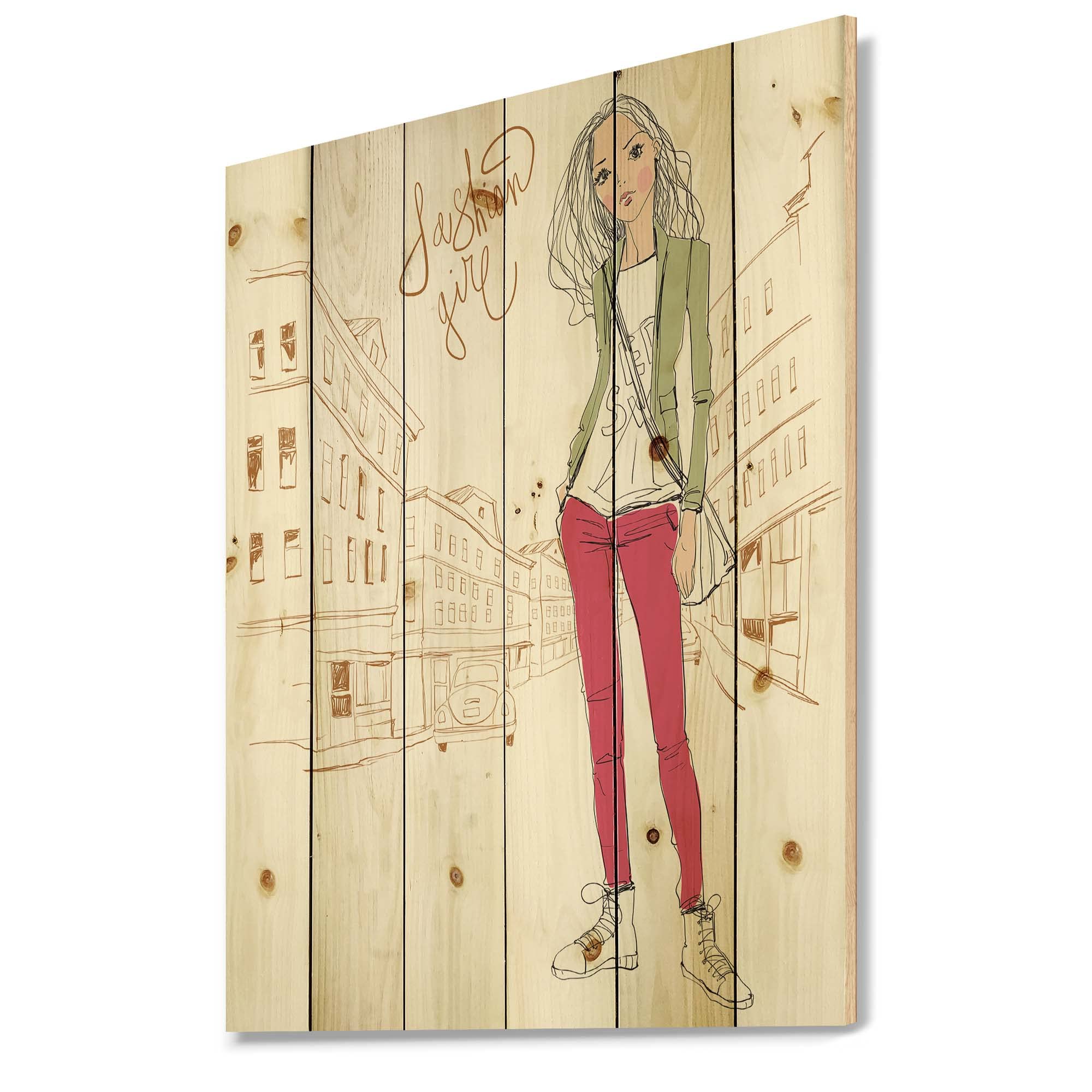 DesignQ Trendy Fashion Girl II Children's Wood Wall Art Decor - Pink Large Wooden Wall Panel with Printed Art on Natural Pine - Perfect for Kids' Room, Nursery, Playroom & Classroom Decor