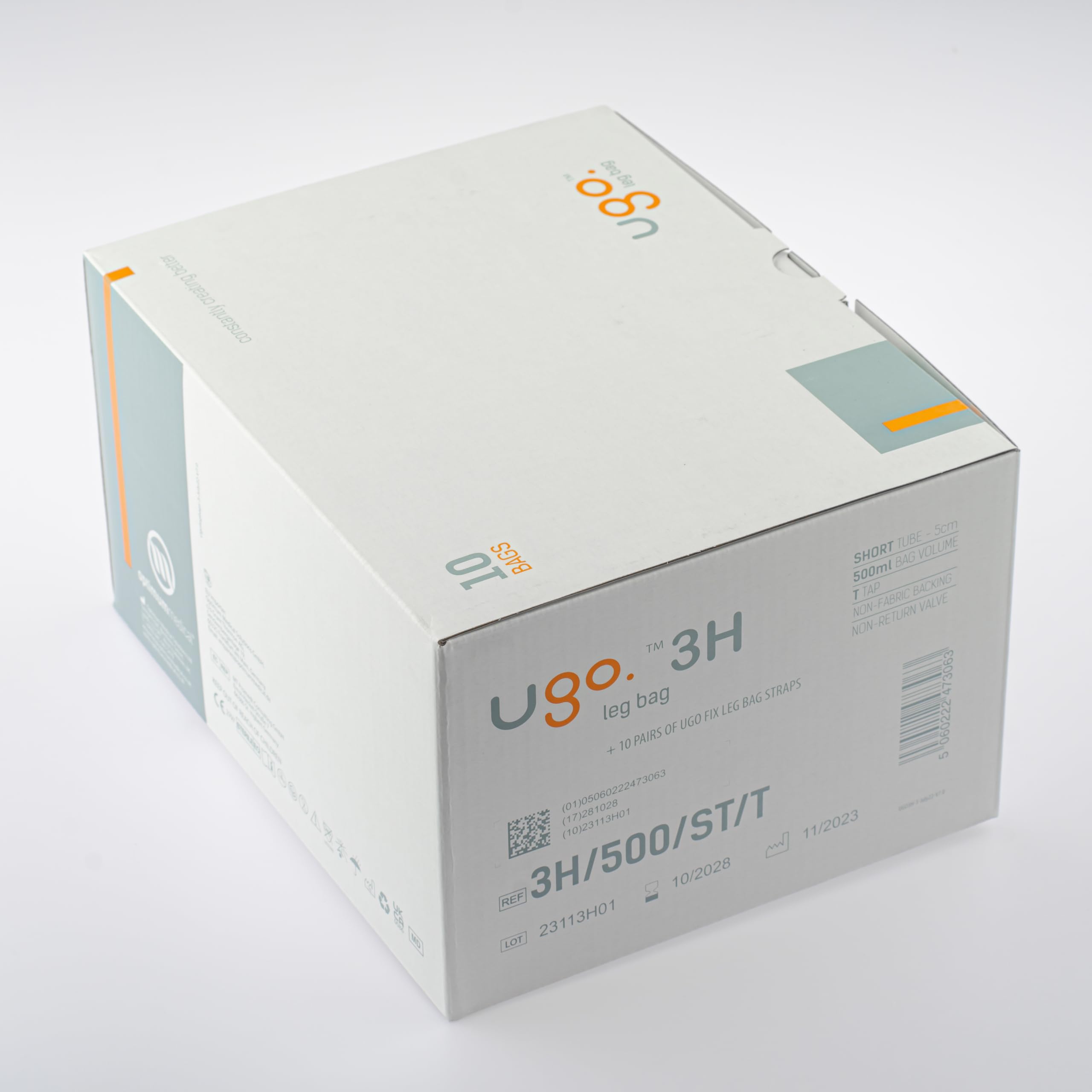 Ugo Leg Bags (Pack of 10) - 500ml Urine Drainage Catheter Bags with T-Tap, Soft Fabric Backing & Ergonomic Leg-Shape Design for Comfort - Ideal for Daily Use, Travel, and Post-Surgery Care (Ugo 3H Short Tube)