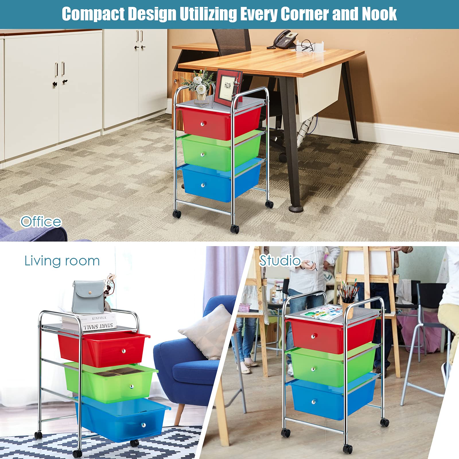 GOFLAME 3-Drawer Rolling Storage Cart with Mesh Top, Handle & Lockable Wheels - Mobile Organizer for Home, Office, Kitchen, Bathroom & Dorm Room - Perfect for Office Supplies, Beauty Products & Craft Storage