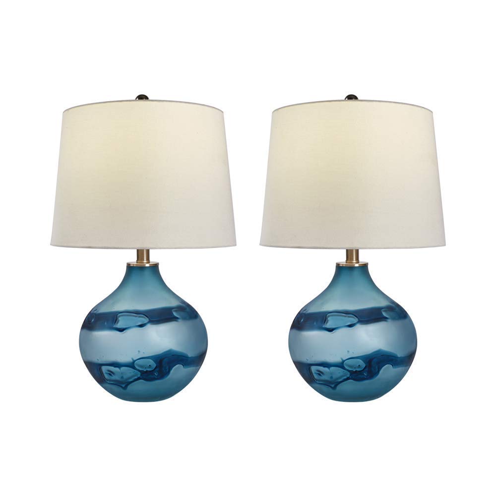 Maxax Glass Table Lamps Set of 2 - Large Blue Bedside Nightstand Lamps with White Drum Shade for Bedroom, Living Room & Office Decor | Perfect for Reading, Relaxing & Creating Ambient Lighting