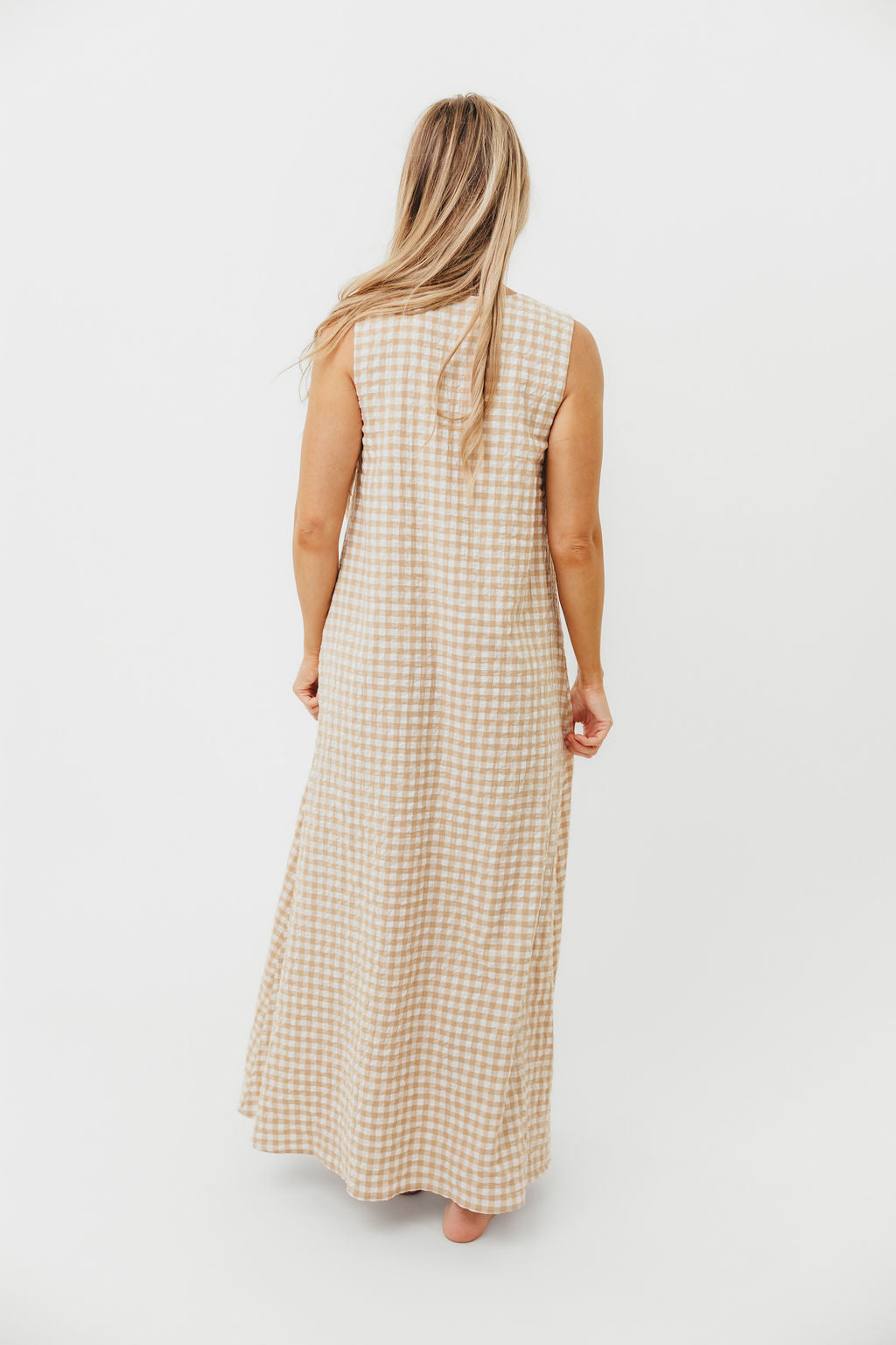 Ruthie Gingham Maxi Dress in Honey - Flowy Summer Dress for Women, Boho Chic Long Dress with Pockets, Perfect for Beach, Vacation & Outdoor Events