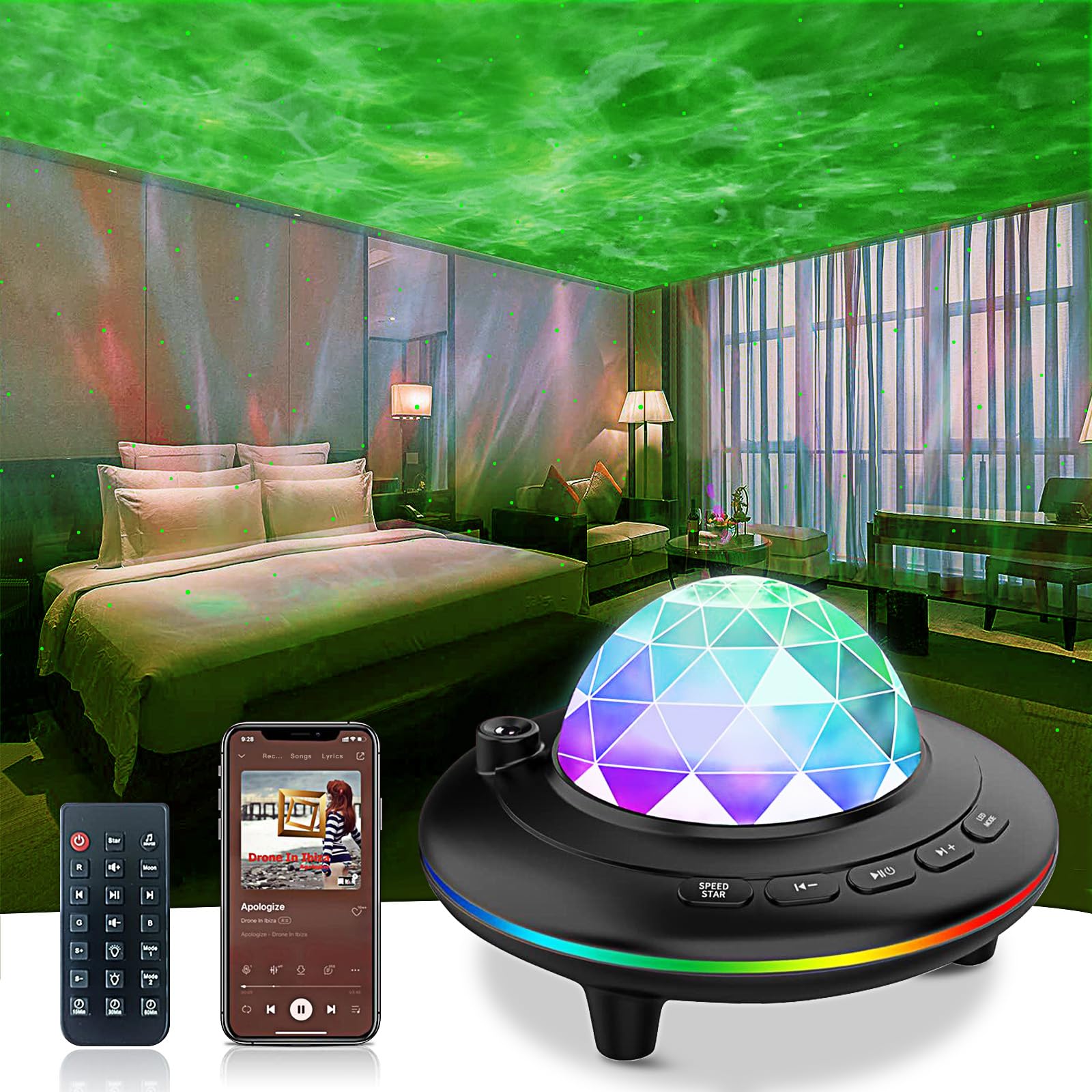 Galaxy Projector Star Night Light with Ocean Wave Effect, Bluetooth Music, Remote Control & Timer - Color Changing LED Lamp for Kids & Adults Bedroom, Party, Birthday, Relaxation & Meditation