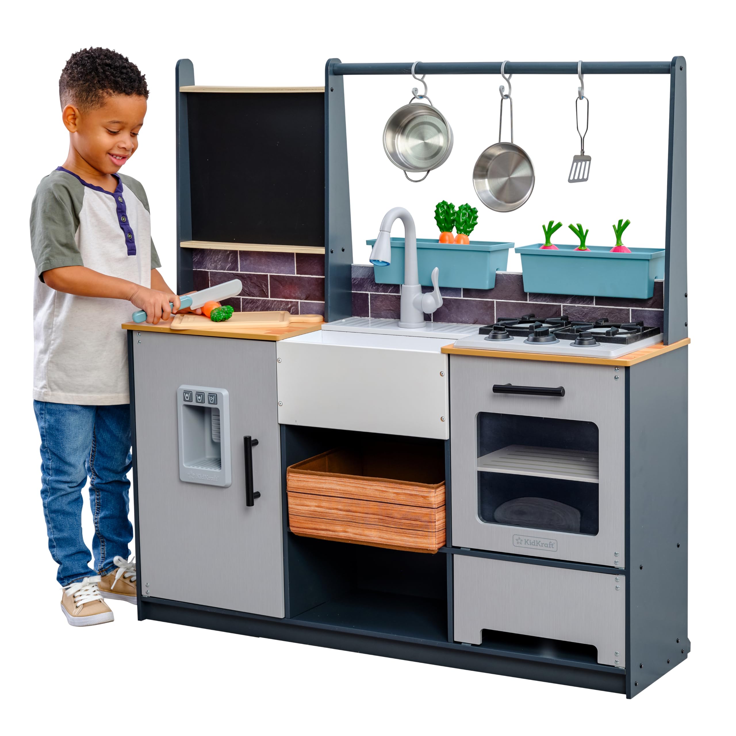 KidKraft Wooden Farm to Table Play Kitchen Set with Lights, Sounds & 17 Accessories - Interactive Pretend Play Toy for Toddlers | Perfect for Imaginative Cooking Games & Early Childhood Development