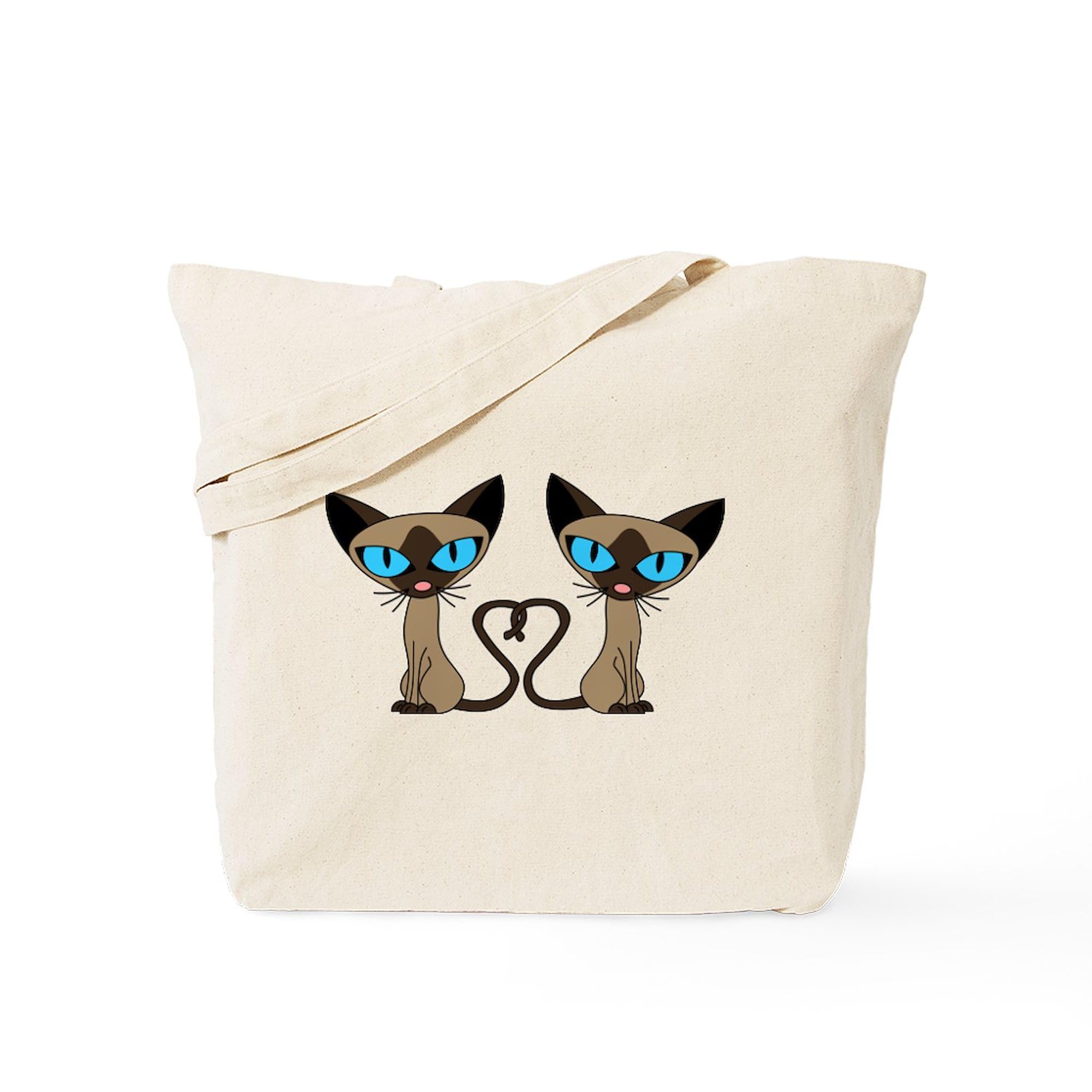 Stylish Cute Siamese Cats Tail Heart Design Natural Canvas Tote Bag - Eco-Friendly Reusable Shopping Bag for Groceries, Beach, Work & Daily Use