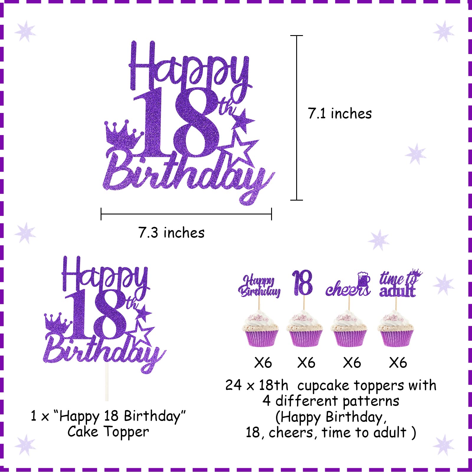 Happy 18th Birthday Cake Toppers - 25 Pack Purple Cake Picks & Cupcake Decorations for Girls | Eighteen Years Old Party Supplies for Birthday Celebrations, Sweet 16 Parties & Milestone Events
