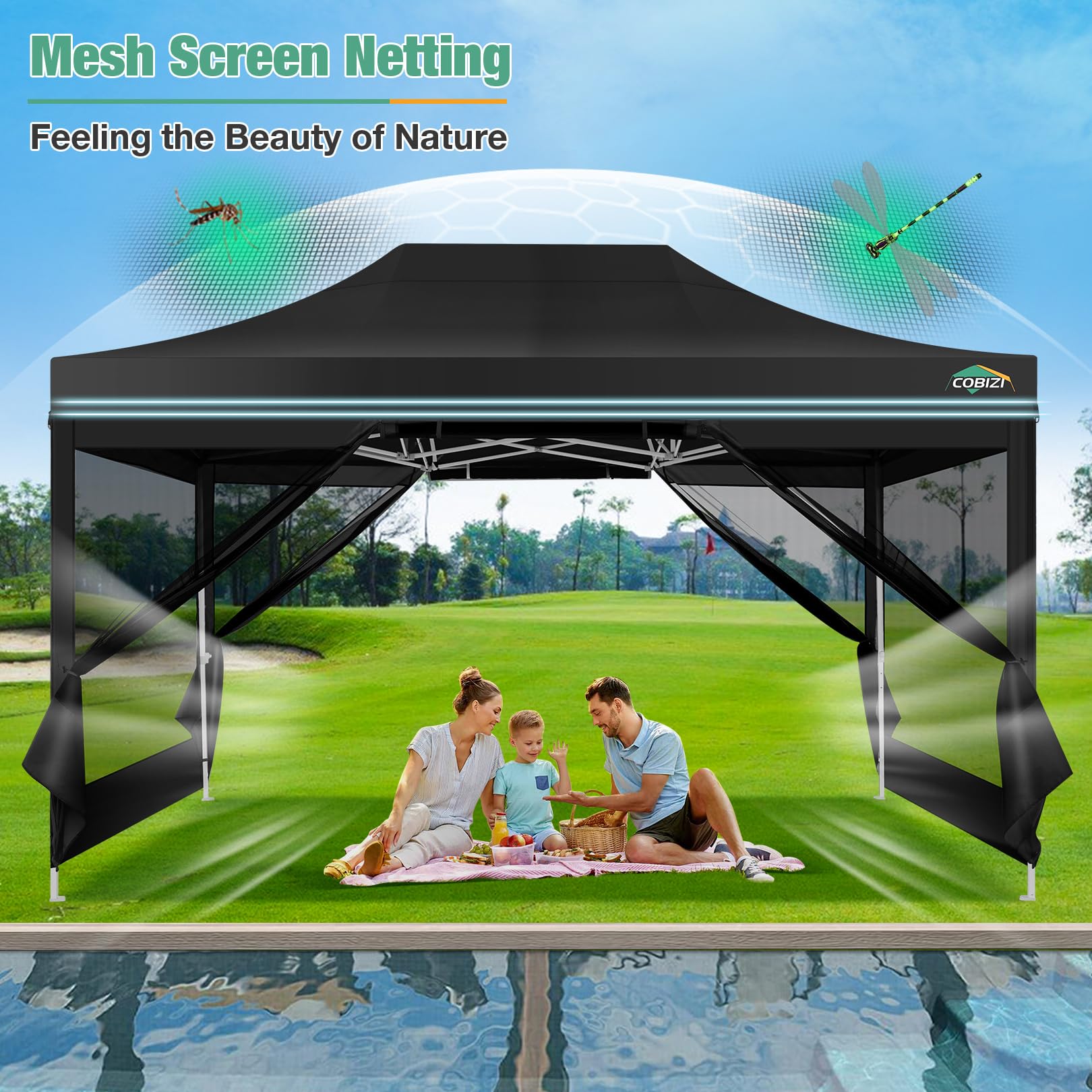 COBIZI 10x15 Heavy Duty Waterproof Pop Up Canopy Tent with Sidewalls & Mosquito Net - Easy Setup Instant Shelter for Outdoor Events, Weddings, Backyard Parties - Includes Carry Bag (Black) | Perfect for Camping, Beach Trips, Farmers Markets and Tailgating