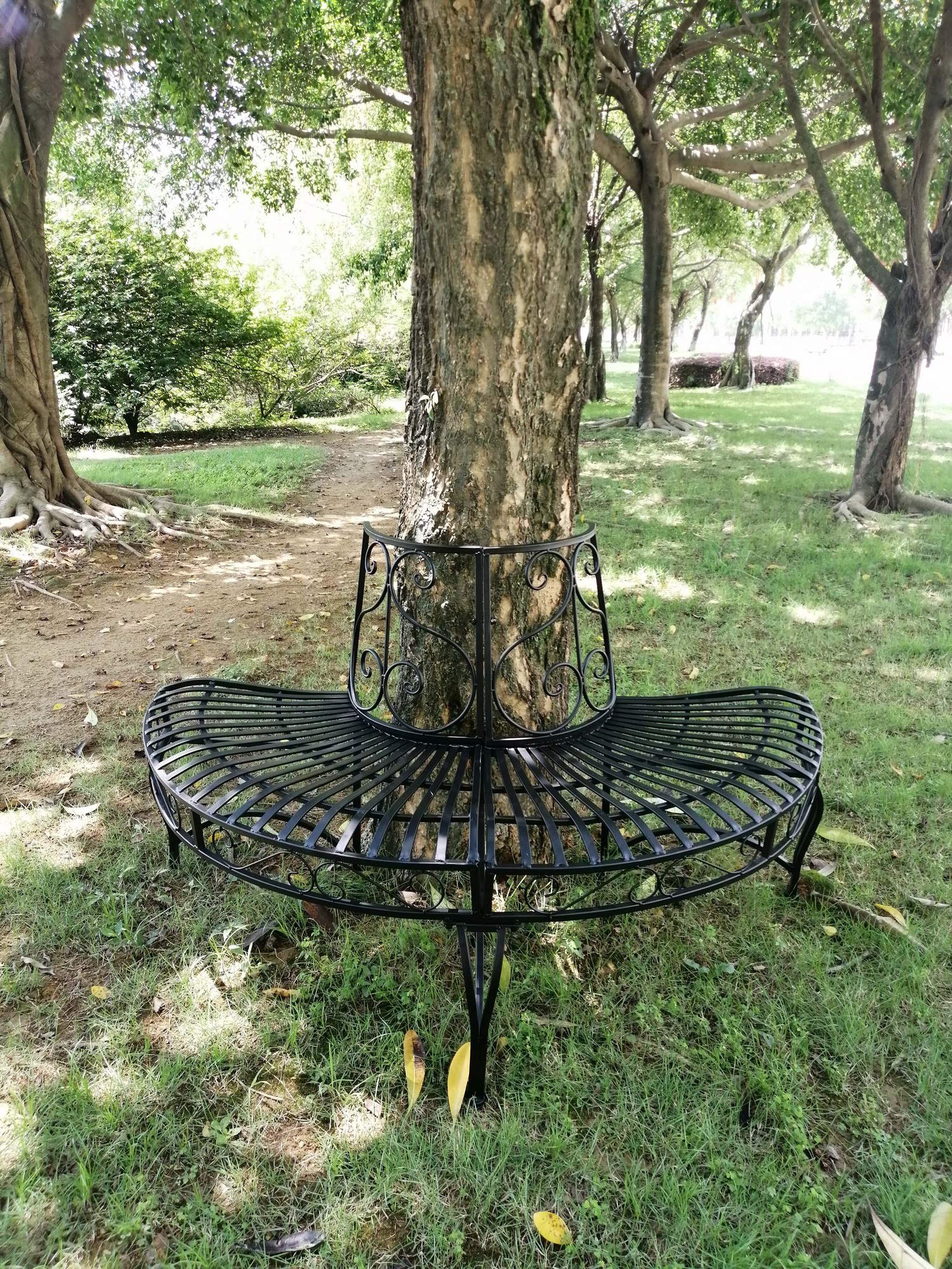 Hi-Line Gift Ltd. 78669-BK Black Semi-Circle Tree Wrap Bench - Outdoor Garden Decor for Patio, Lawn, and Backyard Landscaping