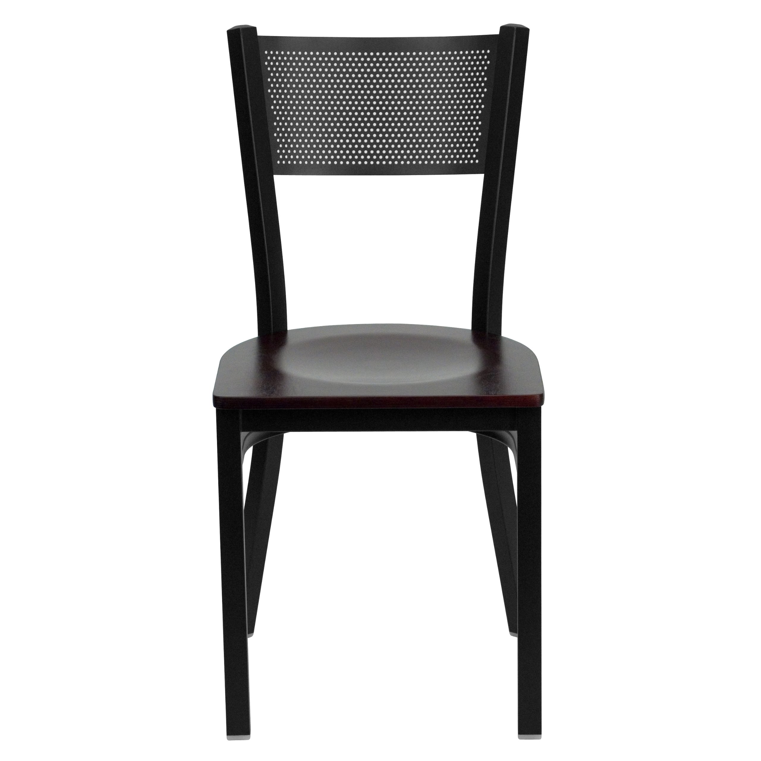 Black Grid Back Metal Restaurant Chair with Mahogany Wood Seat - Durable Commercial Dining Chairs for Cafes, Bistros, and Home Kitchens
