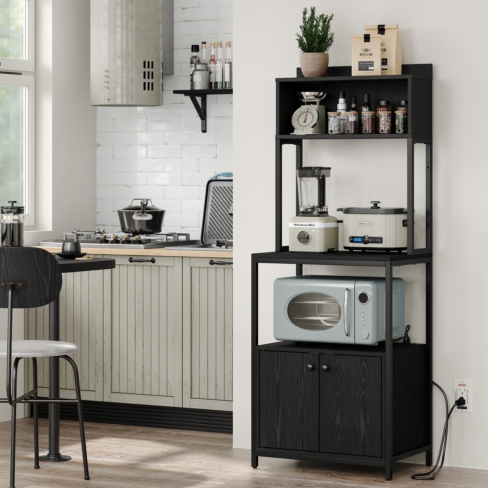 5-Tier Kitchen Bakers Rack with Power Outlet & Storage Cabinet - Industrial Microwave Stand, Coffee Cart, Black Metal Kitchen Storage Shelf for Small Spaces, Apartments & Home Organization